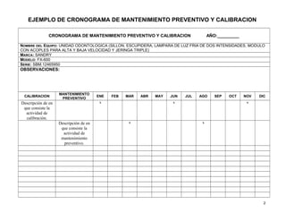 EJEMPLO DE CRONOGRAMA DE MANTENIMIENTO PREVENTIVO Y CALIBRACION
CRONOGRAMA DE MANTENIMIENTO PREVENTIVO Y CALIBRACION AÑO:_________
NOMBRE DEL EQUIPO: UNIDAD ODONTOLOGICA (SILLON, ESCUPIDERA, LAMPARA DE LUZ FRIA DE DOS INTENSIDADES, MODULO
CON ACOPLES PARA ALTA Y BAJA VELOCIDAD Y JERINGA TRIPLE)
MARCA: SANDRY
MODELO: FX-600
SERIE: SBM.12465950
OBSERVACIONES:
CALIBRACION
MANTENIMIENTO
PREVENTIVO
ENE FEB MAR ABR MAY JUN JUL AGO SEP OCT NOV DIC
Descripción de en
que consiste la
actividad de
calibración.
x x x
Descripción de en
que consiste la
actividad de
mantenimiento
preventivo.
x x
2
 