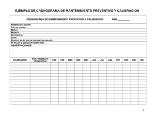 EJEMPLO DE CRONOGRAMA DE MANTENIMIENTO PREVENTIVO Y CALIBRACION
CRONOGRAMA DE MANTENIMIENTO PREVENTIVO Y CALIBRACION AÑO:_________
NOMBRE DEL EQUIPO:
TIPO DE EQUIPO:
MARCA:
MODELO:
REFERENCIA:
SERIE:
SERVICIO EN EL QUE SE ENCUENTRA UBICADO:
N° PLACA O CODIGO DE INVENTARIO:
OBSERVACIONES:
CALIBRACION
MANTENIMIENTO
PREVENTIVO
ENE FEB MAR ABR MAY JUN JUL AGO SEP OCT NOV DIC
5
 