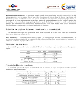 Recomendaciones generales: Es importante tener en cuenta, que al desarrollar la actividad seleccionada, y los ejer-
cicios propuestos en este documento, el actor principal es el estudiante. El profesor, luego de plantear el problema, cede
el escenario para que sus estudiantes, solos o en grupos, se confronten con el problema, empiecen a proponer ideas, se
arrepientan de sus ideas, propongan otras nuevas, creen modelos, se convenzan unos a otros, etc. El rol del profesor es el
de aquel que espera y escucha, y con preguntas pertinentes, ayuda al estudiante a encontrar su propio camino hacia la
respuesta. M´as que un gu´ıa (que tiene un camino predeterminado por el cual quiere llevar al que es guiado), se busca que
el profesor ilumine el camino que el estudiante va abriendo por s´ı mismo.
Selecci´on de p´aginas del texto relacionadas a la actividad.
Esta selecci´on se hizo tanto para docentes que tienen acceso al material de Escuela Nueva, como para docentes que
tienen acceso al material de Proyecto S´e.
Nota importante. Estas selecciones de material previo a la realizaci´on de la actividad “El pa´ıs en n´umeros”, no
pretenden ser un listado completo de pre-requisitos. Se deja a discreci´on del profesor, en conocimiento del curr´ıculo de su
instituci´on, la selecci´on de p´aginas adicionales.
Nivelemos y Escuela Nueva.
Se recomienda que antes de realizar la actividad “El pa´ıs en n´umeros”, se hayan trabajado en clase las siguientes
p´aginas.
Tema Cartilla Gu´ıa P´aginas recomendadas
Suma 3 14A 11, 12, 13
14B 14, 15, 16
Resta 2 7C 18
Multiplicaci´on 2 7A 11, 12, 13
Criterios de divisibilidad 2 7C 19
Unidades de ´area 2 13A,B 73 a 84
Proyecto S´e. Libro del estudiante.
Se recomienda que antes de realizar la actividad “El pa´ıs en n´umeros”, se hayan trabajado en clase las siguientes
secciones del Libro del Estudiante.
Secci´on P´aginas Ejercicios recomendados
Adici´on y Sustracci´on de n´umeros naturales 10 y 11 todo
Multiplicaci´on de n´umeros naturales 12 y 13 2, 3, 4, y 5
Divisi´on de n´umeros naturales 14 y 15 todo
M´ultiplos de un n´umero 22 y 23 todo
Divisores de un n´umero 24 y 25 todo
Criterios de divisibilidad 26 y 27 1, 2, 3, y 4
Unidades de ´area 114 y 115 1, 2, 3, y 5
 