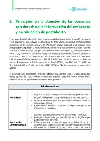 7
2. Principios en la atención de las personas
con derecho a la interrupción del embarazo
y en situación de postaborto
El personal de salud debe garantizar y respetar condiciones mínimas en la atención del aborto
y del postaborto, que incluyen los principios de: trato digno, privacidad, confidencialidad,
autonomía de la voluntad, acceso a la información amplia, adecuada y de calidad. Estos
principios forman parte de la normativa internacional incorporada en la Constitución Nacional
(Artículo 75, inciso 22), en el Código Civil y Comercial de la Nación (2015), y en leyes nacionales
como la Ley Nacional N° 26.485 de “Protección integral para prevenir, sancionar y erradicar
la violencia contra las mujeres en los ámbitos en que desarrollen sus relaciones
interpersonales” (2009), la Ley Nacional N° 26.529 de “Derechos del Paciente en su Relación
con los Profesionales e Instituciones de la Salud” (2009), Ley Nacional N° 26.743 de
“Identidad de Género” y la Ley Nacional N° 25.326 de “Proteccion de datos personales”
(2000).
A continuación se detallan los principios rectores y sus alcances en el desempeño esperado
de los equipos de salud, también se describen algunas situaciones críticas que se busca
erradicar en pos de garantizar los derechos de las personas.
Principios rectores
Trato digno
● Respetar las convicciones personales, sociales, políticas y de la
biografía de la persona por parte de todo el personal de salud.
● No se deben realizar prácticas que perpetúan el ejercicio de las
violencias de género.
● Respeto de la identidad de género de la persona que decide
interrumpir el embarazo.
Privacidad y
Confidencialidad
● Construir y preservar un ambiente de confianza e intimidad.
● Proteger a la persona gestante de injerencias ilegítimas por
parte de terceras personas.
● Informar durante la consulta que la confidencialidad está
garantizada en todo el proceso de atención y luego de la misma.
● Garantizar la confidencialidad, no brindar datos a terceros y
IF-2021-01438663-GDEBA-DPEGSMSALGP
página 7 de 31
 