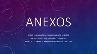 ANEXOS
ANEXO 1: FORMULARIOS PARA LA RECOGIDA DE DATOS
ANEXO2 : EJEMPLO DE DIAGNÓSTICO LOGÍSTICO
ANEXO 3 : GLOSARIO DE TERMINOLOGÍA LOGÍSTICA EMPLEADA
 
