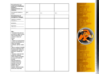 Procedimentos que
devem ser completados
durante o
desenvolvimento dos
trabalhos
Permissão de trabalhos a
quente
N/A (
)
S ( ) N ( )
Procedimentos de
Emergência e Resgate
Telefones e contatos:
Ambulância:_____________
________
Bombeiros:______________
_________
Segurança:______________
_________
Obs.:
• A entrada não pode ser
permitida se algum campo
não for preenchido ou
contiver a marca na
coluna
“não”.
• A falta de monitoramento
contínuo da atmosfera no
interior do espaço
confinado, alarme, ordem
do
Vigia ou qualquer situação
de risco à segurança dos
trabalhadores, implica no
abandono imediato da
área
• Qualquer saída de toda
equipe por qualquer
motivo implica a emissão
de nova permissão de
entrada.
Esta permissão de
entrada deverá ficar
exposta no local de
trabalho até o seu
término. Após o
trabalho, esta permissão
deverá ser arquivada.
 