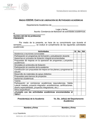 MANUAL DE LINEAMIENTOS ACADÉMICO-ADMINISTRATIVOS DEL TECNM 228
ANEXO XXXVII. CARTA DE LIBERACIÓN DE ACTIVIDADES ACADÉMICAS
Departamento Académico de:_________________________
Lugar y fecha:_________________
Asunto: Constancia de liberación de actividades académicas.
C.____________________________
Nombre del (de la) profesor(a)
PRESENTE
Por medio de la presente, se hace de su conocimiento que durante el
semestre_____________, se evaluó el cumplimiento de las siguientes actividades
académicas:
Actividades Si No NA
Asistencia a reuniones convocadas
Participación en programas de formación y actualización docente
Asesorías en procesos de titulación integral encomendadas
Propuestas de mejoras en la operación de programas y proyectos
académicos
Sinodales en protocolos de titulación
Participación en eventos de la academia
Contribución con propuestas de mejora en los planes y programas de
estudio
Desarrollo de materiales de apoyo didáctico
Propuestas para bancos de proyectos
Asesorías académicas
Tutoría
Participación en comisiones académicas (equivalencias, Salida
Lateral, traslado, proyecto integrador, acreditaciones, certificaciones,
diseño especialidades, proyectos integradores, etc.)
Otros (especificar):________________________________________
¿Cumplió con las actividades académicas encomendadas al
100%?
Presidente(a) de la Academia Vo. Bo. Jefe(a) del Departamento
Académico
Nombre y firma Nombre y firma
c.c.p. Expediente.
 