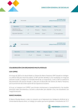 DIRECCIÓN GENERAL DE ESCUELAS
164
COLABORACIÓN CON ORGANISMOS MULTILATERALES
CAF-CIPPEC
A lo largo de 2022 se ha desarrollado un Sistema de Alerta Temprana (SAT) basado en inteligen-
cia artificial (IA) para Nivel Secundario. El SAT permite identificar a los estudiantes en riesgo de
exclusión escolar, y trabajar en el fortalecimiento de sus trayectorias. Junto a CAF se realizará la
documentación del proceso llevado a cabo para el desarrollo del Sistema de Alerta Temprana,
para la prevención de la interrupción de las trayectorias escolares.
A la vez, se trabajará con CIPPEC para brindar orientaciones y acompañamiento a los equipos
directivos sobre herramientas y acciones a desarrollar para abordar a las y los estudiantes con
riesgo de exclusión.
BANCO MUNDIAL
El Banco Mundial llevará a cabo, en conjunto con el laboratorio de Inteligencia Artificial de la
Universidad de Buenos Aires, un trabajo con audios que fueron grabados a estudiantes de 3º, 5º
Nacionales
Operativo
Aprender La Voz
de los/as Estudiantes
Aprender Operativo
6º
6º
Primario Muestra
Censo
Primario
3 al 7 de julio
27 de septiembre
Grado / Cursos Nivel Fecha
ACCIONES 2023
OPERATIVOS DE EVALUACIÓN
Muestra / Censo
Internacionales
Operativo
ERCE 2025 3° y 6° Primario Muestral 3 de octubre al
3 de noviembre
Grado / Cursos Nivel Fecha
ACCIONES 2023
OPERATIVOS DE EVALUACIÓN
Muestra / Censo
 