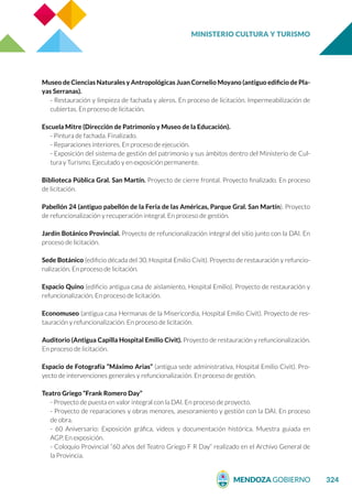 MINISTERIO CULTURA Y TURISMO
324
Museo de Ciencias Naturales y Antropológicas Juan Cornelio Moyano (antiguo edificio de Pla-
yas Serranas).
- Restauración y limpieza de fachada y aleros. En proceso de licitación. Impermeabilización de
cubiertas. En proceso de licitación.
Escuela Mitre (Dirección de Patrimonio y Museo de la Educación).
- Pintura de fachada. Finalizado.
- Reparaciones interiores. En proceso de ejecución.
- Exposición del sistema de gestión del patrimonio y sus ámbitos dentro del Ministerio de Cul-
tura y Turismo. Ejecutado y en exposición permanente.
Biblioteca Pública Gral. San Martín. Proyecto de cierre frontal. Proyecto finalizado. En proceso
de licitación.
Pabellón 24 (antiguo pabellón de la Feria de las Américas, Parque Gral. San Martín). Proyecto
de refuncionalización y recuperación integral. En proceso de gestión.
Jardín Botánico Provincial. Proyecto de refuncionalización integral del sitio junto con la DAI. En
proceso de licitación.
Sede Botánico (edificio década del 30, Hospital Emilio Civit). Proyecto de restauración y refuncio-
nalización. En proceso de licitación.
Espacio Quino (edificio antigua casa de aislamiento, Hospital Emilio). Proyecto de restauración y
refuncionalización. En proceso de licitación.
Economuseo (antigua casa Hermanas de la Misericordia, Hospital Emilio Civit). Proyecto de res-
tauración y refuncionalización. En proceso de licitación.
Auditorio (Antigua Capilla Hospital Emilio Civit). Proyecto de restauración y refuncionalización.
En proceso de licitación.
Espacio de Fotografía “Máximo Arias” (antigua sede administrativa, Hospital Emilio Civit). Pro-
yecto de intervenciones generales y refuncionalización. En proceso de gestión.
Teatro Griego “Frank Romero Day”
- Proyecto de puesta en valor integral con la DAI. En proceso de proyecto.
- Proyecto de reparaciones y obras menores, asesoramiento y gestión con la DAI. En proceso
de obra.
- 60 Aniversario: Exposición gráfica, videos y documentación histórica. Muestra guiada en
AGP. En exposición.
- Coloquio Provincial “60 años del Teatro Griego F R Day” realizado en el Archivo General de
la Provincia.
 