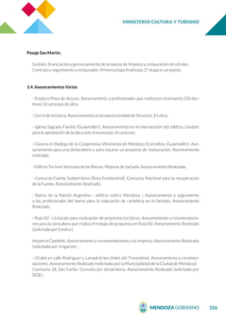 MINISTERIO CULTURA Y TURISMO
326
Pasaje San Martín.
Gestión, financiación y gerenciamiento de proyecto de limpieza y restauración de vitrales.
Contrato y seguimiento a restaurador. Primera etapa finalizada. 2º etapa en proyecto.
1.4. Asesoramientos Varios
- Enoteca Plaza de Acceso. Asesoramiento a profesionales que realizaron el proyecto [50 des-
tinos]. En proceso de obra.
- Cerro de la Gloria. Asesoramiento en proyecto Unidad de Servicios. En obra.
- Iglesia Sagrada Familia (Guaymallén). Asesoramiento en la intervención del edificio. Gestión
para la aprobación de la obra ante el municipio. En proceso.
- Casona en Bodega de la Cooperativa Vitivinícola de Mendoza (Corralitos, Guaymallén). Ase-
soramiento para una declaratoria y para encarar un proyecto de restauración. Asesoramiento
realizado.
- Edificio Turismo Serenata de las Reinas. Mejoras de fachada. Asesoramiento Realizado.
- Concurso Fuente Subterránea [Área Fundacional]. Concurso Nacional para la recuperación
de la Fuente. Asesoramiento Realizado.
- Banco de la Nación Argentina - edificio matriz Mendoza -. Asesoramiento y seguimiento
a los profesionales del banco para la colocación de cartelería en la fachada. Asesoramiento
Realizado.
- Ruta 82 - Licitación para realización de proyectos turísticos. Asesoramiento y recomendacio-
nes para la consultora que realiza el trabajo de propuesta en Ruta 82. Asesoramiento Realizado
(solicitado por Emetur).
Hostería Cipolletti. Asesoramiento y recomendaciones a la empresa. Asesoramiento Realizado
(solicitado por Irrigación).
- Chalet en calle Rodríguez y Lamadrid (ex chalet del Trasandino). Asesoramiento y recomen-
daciones. Asesoramiento Realizado (solicitado por la Municipalidad de la Ciudad de Mendoza)
Comisaría 18, San Carlos. Consulta por declaratoria. Asesoramiento Realizado (solicitado por
DGE).
 