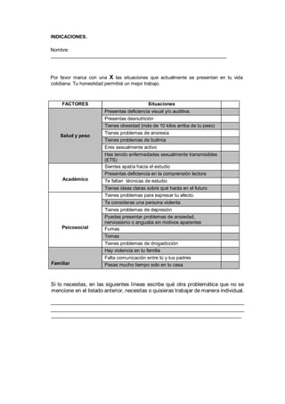 INDICACIONES.
Nombre:
__________________________________________________________________
Por favor marca con una X las situaciones que actualmente se presentan en tu vida
cotidiana. Tu honestidad permitirá un mejor trabajo.
FACTORES Situaciones
Salud y peso
Presentas deficiencia visual y/o auditiva.
Presentas desnutrición
Tienes obesidad (más de 10 kilos arriba de tu peso)
Tienes problemas de anorexia
Tienes problemas de bulimia
Eres sexualmente activo
Has tenido enfermedades sexualmente transmisibles
(ETS)
Académico
Sientes apatía hacia el estudio
Presentas deficiencia en la comprensión lectora
Te faltan técnicas de estudio
Tienes ideas claras sobre qué harás en el futuro
Psicosocial
Tienes problemas para expresar tu afecto.
Te consideras una persona violenta
Tienes problemas de depresión
Puedes presentar problemas de ansiedad,
nerviosismo o angustia sin motivos aparentes
Fumas
Tomas
Tienes problemas de drogadicción
Familiar
Hay violencia en tu familia
Falta comunicación entre tú y tus padres
Pasas mucho tiempo solo en tu casa
Si lo necesitas, en las siguientes líneas escribe qué otra problemática que no se
mencione en el listado anterior, necesitas o quisieras trabajar de manera individual.
__________________________________________________________________
__________________________________________________________________
_________________________________________________________________
 