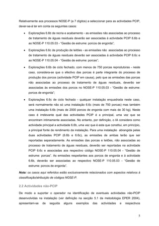 Relativamente aos processos NOSE-P (a 7 dígitos) a seleccionar para as actividades PCIP,
dever-se-á ter em conta os seguintes casos:

   •   Explorações 6.6b de recria e acabamento - as emissões não associadas ao processo
       de tratamento de águas residuais deverão ser associadas à actividade PCIP 6.6b e
       ao NOSE-P 110.05.03 - “Gestão de estrume: porcos de engorda”;

   •   Explorações 6.6c de produção de leitões - as emissões não associadas ao processo
       de tratamento de águas residuais deverão ser associadas à actividade PCIP 6.6c e
       ao NOSE-P 110.05.04 - “Gestão de estrume: porcas”;

   •   Explorações 6.6b de ciclo fechado, com menos de 750 porcas reprodutoras - neste
       caso, considera-se que o efectivo das porcas é parte integrante do processo de
       produção dos porcos (actividade PCIP em causa), pelo que as emissões das porcas
       não associadas ao processo de tratamento de águas residuais, deverão ser
       associadas às emissões dos porcos no NOSE-P 110.05.03 - “Gestão de estrume:
       porcos de engorda”;

   •   Explorações 6.6c de ciclo fechado - qualquer instalação enquadrada neste caso,
       será normalmente não só uma instalação 6.6c (mais de 750 porcas) mas também
       uma instalação 6.6b (mais de 2000 porcos de engorda com mais de 30 kg). Neste
       caso é irrelevante qual das actividades PCIP é a principal, uma vez que se
       encontram intimamente associadas. No entanto, por definição, o IA considera como
       actividade principal a actividade 6.6b, uma vez que é esta que constitui, em princípio,
       a principal fonte de rendimento da instalação. Para uma instalação abrangida pelas
       duas actividades PCIP (6.6b e 6.6c), as emissões de ambas terão que ser
       reportadas separadamente. As emissões das porcas e leitões, não associadas ao
       processo de tratamento de águas residuais, deverão ser reportadas na actividade
       PCIP 6.6c e associadas aos respectivo código NOSE-P 110.05.04 - “Gestão de
       estrume: porcas”. As emissões respeitantes aos porcos de engorda e à actividade
       6.6b, deverão ser associadas ao respectivo NOSE-P 110.05.03 - “Gestão de
       estrume: porcos de engorda”.

Nota: os casos aqui referidos estão exclusivamente relacionados com aspectos relativos à
classificação/atribuição de códigos NOSE-P.

2.2 Actividades não-PCIP

De modo a suportar o operador na identificação de eventuais actividades não-PCIP
desenvolvidas na instalação (ver definição na secção 5.1 da metodologia EPER 2004),
apresentam-se    de    seguida    alguns    exemplos    das    actividades    e   respectivos



                                                                                            5
 