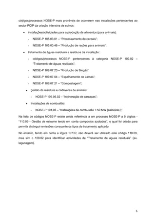 códigos/processos NOSE-P mais prováveis de ocorrerem nas instalações pertencentes ao
sector PCIP da criação intensiva de suínos:

   •       instalações/actividades para a produção de alimentos (para animais):

           -       NOSE-P 105.03.01 – “Processamento de cereais”;

           -       NOSE-P 105.03.46 – “Produção de rações para animais”;

   •       tratamento de águas residuais e resíduos da instalação:

           -       códigos/processos NOSE-P pertencentes à categoria NOSE-P 109.02 –
                   “Tratamento de águas residuais”;

           -       NOSE-P 109.07.23 – “Produção de Biogás”;

           -       NOSE-P 109.07.04 – “Espalhamento de Lamas”;

           -       NOSE-P 109.07.21 – “Compostagem”;

       •       gestão de resíduos e cadáveres de animais:

               -     NOSE-P 109.05.02 – “Incineração de carcaças”;

       •       Instalações de combustão:

               -     NOSE-P 101.03 – “Instalações de combustão < 50 MW (caldeiras)”;

Na lista de códigos NOSE-P existe ainda referência a um processo NOSE-P a 5 dígitos -
“110.09 - Gestão de estrume tendo em conta compostos azotados”, o qual foi criado para
permitir distinguir emissões consoante os tipos de tratamento aplicado.

No entanto, tendo em conta a lógica EPER, não deverá ser utilizado este código 110.09,
mas sim o 109.02 para identificar actividades de “Tratamento de águas residuais” (ex.
lagunagem).




                                                                                       6
 