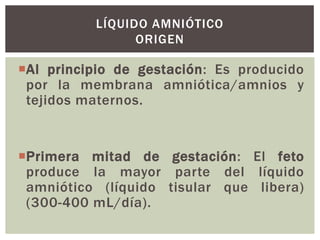 LÍQUIDO AMNIÓTICO
ORIGEN

Al principio de gestación: Es producido
por la membrana amniótica/amnios y
tejidos maternos.

Primera mitad de gestación: El feto
produce la mayor parte del líquido
amniótico (líquido tisular que libera)
(300-400 mL/día).

 