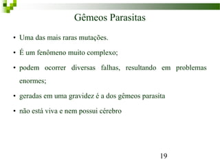 Gêmeos Parasitas
• Uma das mais raras mutações.
• É um fenômeno muito complexo;
• podem ocorrer diversas falhas, resultando em problemas
enormes;
• geradas em uma gravidez é a dos gêmeos parasita
• não está viva e nem possui cérebro
19
 