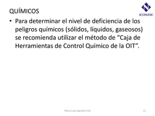 QUÍMICOS
• Para determinar el nivel de deficiencia de los
  peligros químicos (sólidos, líquidos, gaseosos)
  se recomienda utilizar el método de “Caja de
  Herramientas de Control Químico de la OIT”.




                    María Luisa Agudelo Cely        12
 