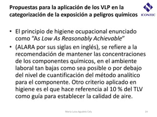Propuestas para la aplicación de los VLP en la
categorización de la exposición a peligros químicos

• El principio de higiene ocupacional enunciado
  como “As Low As Reasonably Achievable”
• (ALARA por sus siglas en inglés), se refiere a la
  recomendación de mantener las concentraciones
  de los componentes químicos, en el ambiente
  laboral tan bajas como sea posible o por debajo
  del nivel de cuantificación del método analítico
  para el componente. Otro criterio aplicado en
  higiene es el que hace referencia al 10 % del TLV
  como guía para establecer la calidad de aire.

                      María Luisa Agudelo Cely        14
 