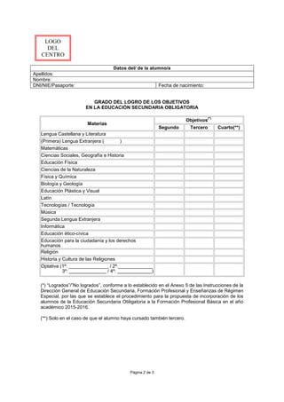 Datos del/ de la alumno/a
Apellidos:
Nombre:
DNI/NIE/Pasaporte: Fecha de nacimiento:
GRADO DEL LOGRO DE LOS OBJETIVOS
EN LA EDUCACIÓN SECUNDARIA OBLIGATORIA
Materias
Objetivos
(*)
Segundo Tercero Cuarto(**)
Lengua Castellana y Literatura
(Primera) Lengua Extranjera ( )
Matemáticas
Ciencias Sociales, Geografía e Historia
Educación Física
Ciencias de la Naturaleza
Física y Química
Biología y Geología
Educación Plástica y Visual
Latín
Tecnologías / Tecnología
Música
Segunda Lengua Extranjera
Informática
Educación ético-cívica
Educación para la ciudadanía y los derechos
humanos
Religión
Historia y Cultura de las Religiones
Optativa (1º: _______________ / 2º:_____________
3º: ______________ / 4º: _____________)
(*) “Logrados”/”No logrados”, conforme a lo establecido en el Anexo 5 de las Instrucciones de la
Dirección General de Educación Secundaria, Formación Profesional y Enseñanzas de Régimen
Especial, por las que se establece el procedimiento para la propuesta de incorporación de los
alumnos de la Educación Secundaria Obligatoria a la Formación Profesional Básica en el año
académico 2015-2016.
(**) Solo en el caso de que el alumno haya cursado también tercero.
Página 2 de 3
LOGO
DEL
CENTRO
 