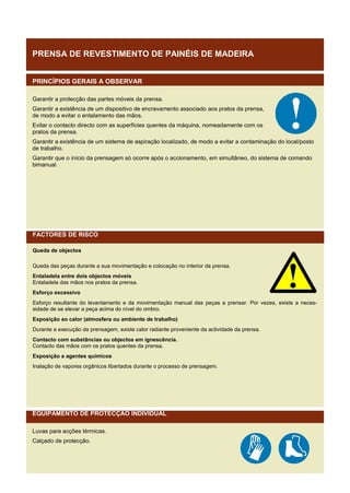 PRENSA DE REVESTIMENTO DE PAINÉIS DE MADEIRA
PRINCÍPIOS GERAIS A OBSERVAR
Garantir a protecção das partes móveis da prensa.
Garantir a existência de um dispositivo de encravamento associado aos pratos da prensa,
de modo a evitar o entalamento das mãos.
Evitar o contacto directo com as superfícies quentes da máquina, nomeadamente com os
pratos da prensa.
Garantir a existência de um sistema de aspiração localizado, de modo a evitar a contaminação do local/posto
de trabalho.
Garantir que o início da prensagem só ocorre após o accionamento, em simultâneo, do sistema de comando
bimanual.

FACTORES DE RISCO
Queda de objectos
Queda das peças durante a sua movimentação e colocação no interior da prensa.
Entaladela entre dois objectos móveis
Entaladela das mãos nos pratos da prensa.
Esforço excessivo
Esforço resultante do levantamento e da movimentação manual das peças a prensar. Por vezes, existe a necessidade de se elevar a peça acima do nível do ombro.
Exposição ao calor (atmosfera ou ambiente de trabalho)
Durante a execução da prensagem, existe calor radiante proveniente da actividade da prensa.
Contacto com substâncias ou objectos em ignescência.
Contacto das mãos com os pratos quentes da prensa.
Exposição a agentes químicos
Inalação de vapores orgânicos libertados durante o processo de prensagem.

EQUIPAMENTO DE PROTECÇÃO INDIVIDUAL
Luvas para acções térmicas.
Calçado de protecção.

 