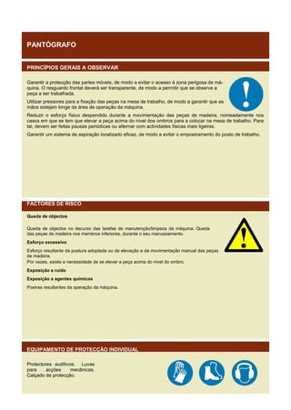 PANTÓGRAFO
PRINCÍPIOS GERAIS A OBSERVAR
Garantir a protecção das partes móveis, de modo a evitar o acesso à zona perigosa da máquina. O resguardo frontal deverá ser transparente, de modo a permitir que se observe a
peça a ser trabalhada.
Utilizar pressores para a fixação das peças na mesa de trabalho, de modo a garantir que as
mãos estejam longe da área de operação da máquina.
Reduzir o esforço físico despendido durante a movimentação das peças de madeira, nomeadamente nos
casos em que se tem que elevar a peça acima do nível dos ombros para a colocar na mesa de trabalho. Para
tal, devem ser feitas pausas periódicas ou alternar com actividades físicas mais ligeiras.
Garantir um sistema de aspiração localizado eficaz, de modo a evitar o empoeiramento do posto de trabalho.

FACTORES DE RISCO
Queda de objectos
Queda de objectos no decurso das tarefas de manutenção/limpeza da máquina. Queda
das peças de madeira nos membros inferiores, durante o seu manuseamento.
Esforço excessivo
Esforço resultante da postura adoptada ou da elevação e da movimentação manual das peças
de madeira.
Por vezes, existe a necessidade de se elevar a peça acima do nível do ombro.
Exposição a ruído
Exposição a agentes químicos
Poeiras resultantes da operação da máquina.

EQUIPAMENTO DE PROTECÇÃO INDIVIDUAL
Protectores auditivos. Luvas
para
acções
mecânicas.
Calçado de protecção.

 