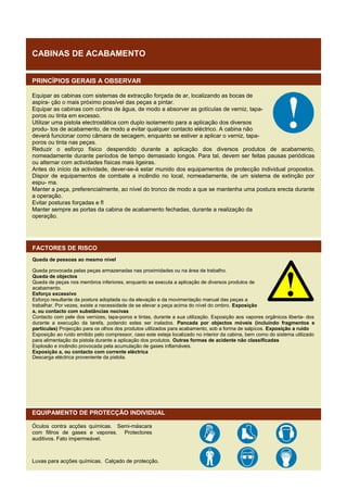 CABINAS DE ACABAMENTO
PRINCÍPIOS GERAIS A OBSERVAR
Equipar as cabinas com sistemas de extracção forçada de ar, localizando as bocas de
aspira- ção o mais próximo possível das peças a pintar.
Equipar as cabinas com cortina de água, de modo a absorver as gotículas de verniz, tapaporos ou tinta em excesso.
Utilizar uma pistola electrostática com duplo isolamento para a aplicação dos diversos
produ- tos de acabamento, de modo a evitar qualquer contacto eléctrico. A cabina não
deverá funcionar como câmara de secagem, enquanto se estiver a aplicar o verniz, tapaporos ou tinta nas peças.
Reduzir o esforço físico despendido durante a aplicação dos diversos produtos de acabamento,
nomeadamente durante períodos de tempo demasiado longos. Para tal, devem ser feitas pausas periódicas
ou alternar com actividades físicas mais ligeiras.
Antes do início da actividade, dever-se-á estar munido dos equipamentos de protecção individual propostos.
Dispor de equipamentos de combate a incêndio no local, nomeadamente, de um sistema de extinção por
espu- ma.
Manter a peça, preferencialmente, ao nível do tronco de modo a que se mantenha uma postura erecta durante
a operação.
Evitar posturas forçadas e fl
Manter sempre as portas da cabina de acabamento fechadas, durante a realização da
operação.

FACTORES DE RISCO
Queda de pessoas ao mesmo nível
Queda provocada pelas peças armazenadas nas proximidades ou na área de trabalho.
Queda de objectos
Queda de peças nos membros inferiores, enquanto se executa a aplicação de diversos produtos de
acabamento.
Esforço excessivo
Esforço resultante da postura adoptada ou da elevação e da movimentação manual das peças a
trabalhar. Por vezes, existe a necessidade de se elevar a peça acima do nível do ombro. Exposição
a, ou contacto com substâncias nocivas
Contacto com pele dos vernizes, tapa-poros e tintas, durante a sua utilização. Exposição aos vapores orgânicos liberta- dos
durante a execução da tarefa, podendo estes ser inalados. Pancada por objectos móveis (incluindo fragmentos e
partículas) Projecção para os olhos dos produtos utilizados para acabamento, sob a forma de salpicos. Exposição a ruído
Exposição ao ruído emitido pelo compressor, caso este esteja localizado no interior da cabina, bem como do sistema utilizado
para alimentação da pistola durante a aplicação dos produtos. Outras formas de acidente não classificadas
Explosão e incêndio provocada pela acumulação de gases inflamáveis.
Exposição a, ou contacto com corrente eléctrica
Descarga eléctrica proveniente da pistola.

EQUIPAMENTO DE PROTECÇÃO INDIVIDUAL
Óculos contra acções químicas. Semi-máscara
com filtros de gases e vapores. Protectores
auditivos. Fato impermeável.

Luvas para acções químicas. Calçado de protecção.

 