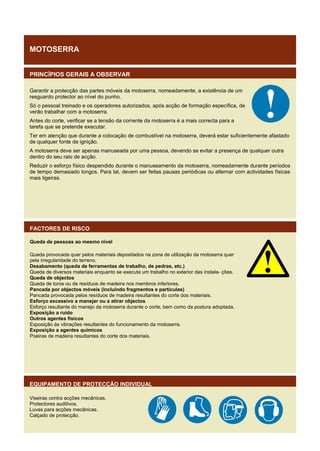 MOTOSERRA
PRINCÍPIOS GERAIS A OBSERVAR
Garantir a protecção das partes móveis da motoserra, nomeadamente, a existência de um
resguardo protector ao nível do punho.
Só o pessoal treinado e os operadores autorizados, após acção de formação específica, de
verão trabalhar com a motoserra.
Antes do corte, verificar se a tensão da corrente da motoserra é a mais correcta para a
tarefa que se pretende executar.
Ter em atenção que durante a colocação de combustível na motoserra, deverá estar suficientemente afastado
de qualquer fonte de ignição.
A motoserra deve ser apenas manuseada por uma pessoa, devendo se evitar a presença de qualquer outra
dentro do seu raio de acção.
Reduzir o esforço físico despendido durante o manuseamento da motoserra, nomeadamente durante períodos
de tempo demasiado longos. Para tal, devem ser feitas pausas periódicas ou alternar com actividades físicas
mais ligeiras.

FACTORES DE RISCO
Queda de pessoas ao mesmo nível
Queda provocada quer pelos materiais depositados na zona de utilização da motoserra quer
pela irregularidade do terreno.
Desabamento (queda de ferramentas de trabalho, de pedras, etc.)
Queda de diversos materiais enquanto se executa um trabalho no exterior das instala- ções.
Queda de objectos
Queda de toros ou de resíduos de madeira nos membros inferiores.
Pancada por objectos móveis (incluindo fragmentos e partículas)
Pancada provocada pelos resíduos de madeira resultantes do corte dos materiais.
Esforço excessivo a manejar ou a atirar objectos
Esforço resultante do manejo da motoserra durante o corte, bem como da postura adoptada.
Exposição a ruído
Outros agentes físicos
Exposição às vibrações resultantes do funcionamento da motoserra.
Exposição a agentes químicos
Poeiras de madeira resultantes do corte dos materiais.

EQUIPAMENTO DE PROTECÇÃO INDIVIDUAL
Viseiras contra acções mecânicas.
Protectores auditivos.
Luvas para acções mecânicas.
Calçado de protecção.

 