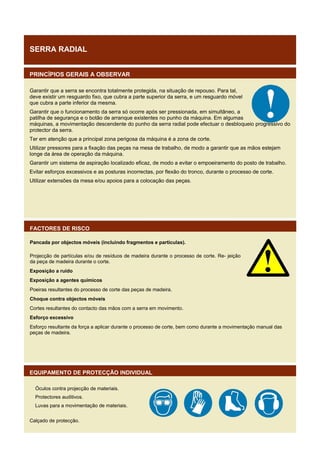 SERRA RADIAL
PRINCÍPIOS GERAIS A OBSERVAR
Garantir que a serra se encontra totalmente protegida, na situação de repouso. Para tal,
deve existir um resguardo fixo, que cubra a parte superior da serra, e um resguardo móvel
que cubra a parte inferior da mesma.
Garantir que o funcionamento da serra só ocorre após ser pressionada, em simultâneo, a
patilha de segurança e o botão de arranque existentes no punho da máquina. Em algumas
máquinas, a movimentação descendente do punho da serra radial pode efectuar o desbloqueio progressivo do
protector da serra.
Ter em atenção que a principal zona perigosa da máquina é a zona de corte.
Utilizar pressores para a fixação das peças na mesa de trabalho, de modo a garantir que as mãos estejam
longe da área de operação da máquina.
Garantir um sistema de aspiração localizado eficaz, de modo a evitar o empoeiramento do posto de trabalho.
Evitar esforços excessivos e as posturas incorrectas, por flexão do tronco, durante o processo de corte.
Utilizar extensões da mesa e/ou apoios para a colocação das peças.

FACTORES DE RISCO
Pancada por objectos móveis (incluindo fragmentos e partículas).
Projecção de partículas e/ou de resíduos de madeira durante o processo de corte. Re- jeição
da peça de madeira durante o corte.
Exposição a ruído
Exposição a agentes químicos
Poeiras resultantes do processo de corte das peças de madeira.
Choque contra objectos móveis
Cortes resultantes do contacto das mãos com a serra em movimento.
Esforço excessivo
Esforço resultante da força a aplicar durante o processo de corte, bem como durante a movimentação manual das
peças de madeira.

EQUIPAMENTO DE PROTECÇÃO INDIVIDUAL
Óculos contra projecção de materiais.
Protectores auditivos.
Luvas para a movimentação de materiais.
Calçado de protecção.

 