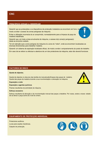 CNC

PRINCÍPIOS GERAIS A OBSERVAR
Garantir que as protecções e os dispositivos de protecção instalados se encontram em func- ionamento, de
modo a evitar o acesso às zonas perigosas da máquina.
Evitar a utilização incorrecta do ar comprimido, nomeadamente para a limpeza da peça de
madeira trabalhada.
Garantir que, em toda a área envolvente da máquina, o acesso à(s) zona(s) perigosa(s)
desta se encontra vedado.
Ter em atenção que a zona perigosa da máquina é a zona do “robot”, onde se encontram localizadas as
diversas ferramentas para trabalhar madeira.
Garantir um sistema de aspiração localizado eficaz, de modo a evitar o empoeiramento do posto de trabalho.
Em caso de se retirar ou efectuar a abertura de um dos protectores da máquina, esta não deverá funcionar.

FACTORES DE RISCO
Queda de objectos.
Queda de objectos no decurso das tarefas de manutenção/limpeza das peças de madeira.
Queda das peças de madeira durante a sua movimentação e colocação na máquina.
Exposição a ruído
Exposição a agentes químicos
Poeiras resultantes da actividade da máquina.
Esforço excessivo
Esforço resultante da elevação e da movimentação manual das peças a trabalhar. Por vezes, existe a neces- sidade
de se elevar a peça acima do nível do ombro.

EQUIPAMENTO DE PROTECÇÃO INDIVIDUAL
Protectores auditivos.
Luvas para acções mecânicas.
Calçado de protecção.

 