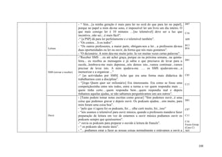 - “ Sim…[a minha geração é mais para ler no ecrã do que para ler no papel],        D07
                         porque no papel a mim dá-me sono, é impossível ler um livro um dia inteiro. O
                         que mais consigo ler é 10 minutos …[no telemóvel] deve ser a luz que               C16
                         incentiva...não sei....é mais fácil”.
                         -“ [a PSP] dá para ler perfeitamente e o telemóvel também”.                        A09
                         - “Os contos…li-os todos”.
                         - “Os outros professores, a maior parte, obrigam-nos a ler…a professora dá-nos     B13
Leitura                                                                                                     B16
                         duas oportunidades ou ler ou ouvir, da forma que nós mais gostamos”.
                         - “O dicionário. A mim deu-me muito jeito. Ia ver muitas vezes certas palavras”.
                         -“Receber SMS …eu até achei graça, porque eu na próxima semana...na quinta-
                         feira... eu recebia as mensagens e já sabia o que precisava de levar para a        D01
                         escola...lembrava-me mais depressa...nós demos isto...vamos continuar...vamos
                         precisar de levar isto. A mim ajudava-me. …. os SMS ajudavam-me....a
SMS (enviar e receber)   memorizar e a organizar ...”
                         -“ [as actividades por SMS] Acho que era uma forma mais didáctica de               C05
                         trabalharmos com a disciplina”.
                         - “[Jogo Quem quer ser milionário] Era interessante. Era como se fosse uma         C15
                         competiçãozinha entre nós todos, entre a turma a ver quem respondia mais …
                         quem tinha certo….quem respondia bem…quem respondia mal e depois
                         tínhamos aquelas ajudas, se não sabíamos perguntávamos uns aos outros”.
                         - [Tanto podem tomar notas escritas como gravar] “Sim podemos ouvir...é uma
                         coisa que podemos gravar e depois ouvir. Os podcasts ajudou…sim muito, para        D01
                         mim foram uma coisa boa”.
                         - “pelo que vi agora foi os podcasts, foi ... olhe curti muito, foi...isso”        C07
                         - “nós usamos o telemóvel para ouvir música, quando a professora mandava fazer
Ouvir                    preparação de leitura em vez de estarmos a ouvir música podíamos ouvir os          C11
                         podcasts sempre que quiséssemos”.
                                                                                                            C16
                         -“ ouvia os podcasts para preparar o ouvido à leitura de francês”.                 Focus Group
                         - “ os podcasts são muito úteis”.                                                  (Caso C)
                         - ”…podíamos estar a fazer as nossas coisas normalmente e estávamos a ouvir a      A05




                                                                                                                      108
 