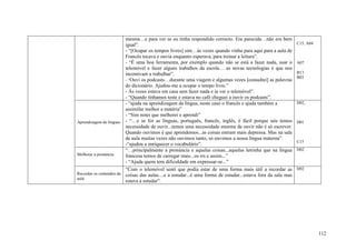 mesma…e para ver se eu tinha respondido correcto. Era parecida…não era bem
                         igual”.                                                                              C15, A04
                         - “[Ocupar os tempos livres] sim…às vezes quando vinha para aqui para a aula de
                         Francês tocava e ouvia enquanto esperava, para treinar a leitura”.
                         - “É uma boa ferramenta, por exemplo quando não se está a fazer nada, usar o         A07
                         telemóvel e fazer alguns trabalhos da escola… as novas tecnologias é que nos
                         incentivam a trabalhar”.                                                             B13
                                                                                                              B03
                         - “Ouvi os podcasts…durante uma viagem e algumas vezes [consultei] as palavras
                         do dicionário. Ajudou-me a ocupar o tempo livre.”
                         - Às vezes estava em casa sem fazer nada e ia ver o telemóvel”.
                         - “Quando tínhamos teste e estava no café cheguei a ouvir os podcasts”.
                         - “ajuda na aprendizagem da língua, neste caso o francês e ajuda também a            D02,
                         assimilar melhor a matéria”
                         - “Sim notei que melhorei e aprendi”
Aprendizagem de línguas - “…e se for as línguas, português, francês, inglês, é fácil porque nós temos         D01
                         necessidade de ouvir...temos uma necessidade enorme de ouvir não é só escrever.
                         Quando ouvimos é que aprendemos...as coisas entram mais depressa. Mas na sala
                         de aula muitas vezes não ouvimos tanto, só ouvimos a nossa língua materna”.
                                                                                                              C15
                         -“ajudou a enriquecer o vocabulário”.
                         “…principalmente a pronúncia e aquelas coisas...aquelas letrinha que na língua       D02
Melhorar a pronúncia     francesa temos de carregar mais...os rrs e assim...”
                         - “Ajuda quem tem dificuldade em expressar-se...”
                         “Com o telemóvel senti que podia estar de uma forma mais útil a recordar as          D02
Recordar os conteúdos da coisas das aulas....e a estudar...é uma forma de estudar...estava fora da sala mas
aula
                         estava a estudar”.




                                                                                                                         112
 