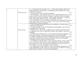 “… só não gostei muito de gravar voz … eu falo muito baixinho. Gostei dos
                        SMS , gostei de ouvir as gravações...as fotografias não ficaram grande coisa...mas
Preferências pessoais
                        os SMS...tanto material...”                                                            A15
                        - “Eu gosto de ler no ecrã…mas escrever no papel”.
                        - “Os microcontos…adorei bastante. [Por ter sido colaborativamente} Sim…e              B13
                        mesmo o telemóvel usei sempre para mensagens…quando a stôra nos disse para
                        fazer contos…em poucos caracteres…achei bastante interessante. E aprendi
                        muito mais também. Diminuía as frases…para aprender a escrever”.
                        - “Eu normalmente é com as mensagens a comunicar com os amigos. Podemos                B09
                        fazer várias coisas, estar com os amigos e tirar fotos, fazer filmes, mas
                        normalmente uso muito as mensagens”.
                        - “Com os conteúdos no telemóvel, nós temos curiosidade de ver, lemos, estamos
                        a memorizar e aprendemos”.                                                             D01
                        - “O telemóvel pode ser uma boa ferramenta de aprendizagem, com uma boa
                        coordenação sim, é muito bom”.
Práticas de estudo      - “Aquelas coisas ...não é lendas...as fábulas já estive a pensar vou passá-las para
                        o computador, fazer tipo um caderninho, procurar umas imagens e fazer uma
                        ilustração”.                                                                           D03
                        - “Os SMSs que a professora enviou, o meu telemóvel não tinha para agendar eu          D05
                        passei para o caderno ...nos tempo livres passava para o caderno e aprendia”.
                        “...considero-o [telemóvel] como uma ferramenta de estudo e usei várias vezes o        D01
                        leitor mp4 e o telemóvel para estudar e ver alguma escrita que tinha dificuldade”.
                        - “Quando saía levava o mp4 e ia ouvindo os textos”.
                                                                                                               D05
                        - “A disciplina de filosofia aquilo é muita coisa para decorar, escrita e tudo
                        mais...e ao gravar no mp4...assim..ao ir para o trabalho posso meter os auriculares
                        nos ouvidos e vou a ouvir. Ou a fazer uma caminhada, ou a correr, em vez de ir a
                        ouvir música vai-se a ouvir a disciplina e vamos a estudar...”
                        - “[o telemóvel serve] para fazermos as nossas actividades, apresentamos as            D04
                        nossas dificuldades na aula, tiramos as nossas notas para o telemóvel ou mp4           C07
                        depois tiramos as dúvidas e ao mesmo tempo aprendemos.”



                                                                                                                     116
 