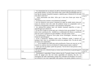 - “era interessante [ter os manuais em pdf no telemóvel] porque acho que ia haver
          uma grande adesão e se fosse mais barato toda a gente tinha possibilidade para ter
                                                                                               C15
          esse tipo de manuais. [transferir manuais e cadernos para o telemóvel] Ai era tudo   Focus group
          mais fácil e mais leve”.                                                             (Caso C)
          - Achei interessante esta ideia. Acho que é uma nova forma que temos de
          aprender”.                                                                           A16
          - “O professor deve mostrar a sua [telemóvel] utilidade”
          -“[ter um telemóvel com acesso à internet] era capaz de mudar muita coisas por       A16
          causa de estarmos num sítio onde não podemos mexer no computador com o
          telemóvel conseguíamos encontrar o que queríamos facilmente”.                        A04
          - [as editores]“até podiam fazer um modelo [manual] específico só para a
          aprendizagem por telemóvel”.
          - [O que deve mudar na escola para que o telemóvel não seja proibido] “Usar nas      A05
          aulas como a professora fez…também ter a colaboração dos alunos e o professor
          para que usem os telemóvel só para trabalhos e não para outras coisas”.              A12
          - [os professores]“ Deixar-se levar pelas novas tecnologias…encontrar novas
          formas de aprendizagem”
          - [Com o telemóvel] “Mudava muita coisa. Podíamos aceder à internet em               A09
          qualquer lado, fazer as actividades da escola em qualquer sítio. Na sala de aula
          era igual a um computador”.                                                          A13
          - “… já fiz trabalhos por SMS para outros professores. Estava em casa em vez de
          escrever no caderno escrevia no telemóvel e depois passava para o caderno”.
          - “Acho que tem de mudar a partir das pessoas. Tem de haver mais pessoas como
          a stôra por exemplo”.
          -“[O que deve ter o telemóvel para se tornar numa ferramenta de aprendizagem?]       Focus group
Ecrã      Ecrã maior”.                                                                         (Caso A)
          - “[limitações] a capacidade. Porque embora seja de 3ª geração chega a um limite     D05
          tenho de apagar pois não tem muita capacidade de memória, não dá e as
          mensagens são todas importantes, porque têm conteúdos da disciplina. Se tivesse
Memória   um telemóvel com mais capacidade onde pudesse criar pastas, pudesse escrever,



                                                                                                             122
 