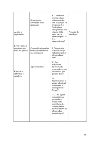 8. O telemóvel
                                           permite estares
                   Destaque das            mais contactável
                   actividades mais        com os colegas e a
                   apreciadas              professora. 8.1
                                           Quais são as
                                           vantagens que esta
Avaliar a                                  situação pode      Adopção da
experiência                                trazer para a      tecnologia
                                           aprendizagem? 8.2
                                           E os
                                           inconvenientes?

Levar o aluno a
destacar o que     Comentários/sugestões   9. Gostaste das
mais lhe agradou   (aspectos importantes   experiências que
                   não abordados)          realizámos com o
                                           telemóvel este
                                           ano?

                                           9.1 Das
                                           actividades
                   Agradecimentos          desenvolvidas
                                           neste projecto com
Concluir a                                 o telemóvel qual
entrevista e                               gostaste mais?
agradecer
                                           10.
                                           Recomendarias o
                                           uso do telemóvel
                                           nos estudos a
                                           outras pessoas?
                                           Porquê?

                                            11. Tens algum
                                           comentário que
                                           queiras fazer
                                           acerca desta
                                           experiência de
                                           exploração das
                                           potencialidades do
                                           telemóvel na
                                           aprendizagem?




                                                                           40
 