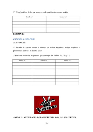 16
1º Di qué palabras de las que aparecen en la canción tienen estos sonidos
Sonido /ʊ/ Sonido /ʊ:/
SESIÓN 5:
CANCIÓN 4: TRY-PINK
ACTIVIDADES:
1º Escucha la canción entera y subraya los verbos irregulares, verbos regulares y
pronombres relativos de distinto color
2º Busca en la canción las palabras que contengan los sonidos /d/, / ð / y / Ө /
ANEXO VI: ACTIVIDADES DE LA PROPUESTA CON LAS SOLUCIONES
Sonido /d/ Sonido /ð/ Sonido /Ө/
 