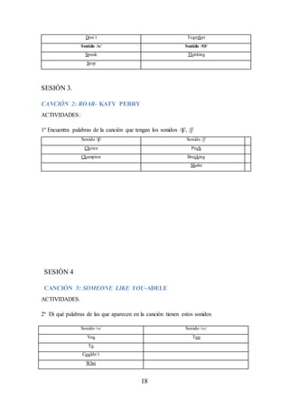 18
Don´t Together
Sonido /s/ Sonido /Ө/
Speak Thinking
Stop
SESIÓN 3.
CANCIÓN 2: ROAR- KATY PERRY
ACTIVIDADES:
1º Encuentra palabras de la canción que tengan los sonidos /ʧ/, /ʃ/
Sonido /ʧ/ Sonido /ʃ/
Choice Push
Champion Brushing
Shake
SESIÓN 4
CANCIÓN 3: SOMEONE LIKE YOU-ADELE
ACTIVIDADES.
2º Di qué palabras de las que aparecen en la canción tienen estos sonidos
Sonido /ʊ/ Sonido /ʊ:/
You Too
To
Couldn´t
Who
 