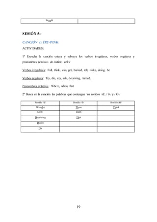19
Would
SESIÓN 5:
CANCIÓN 4: TRY-PINK
ACTIVIDADES:
1º Escucha la canción entera y subraya los verbos irregulares, verbos regulares y
pronombres relativos de distinto color
Verbos irregulares: Fall, think, can, get, burned, tell, make, doing, be
Verbos regulares: Try, die, cry, ask, deceiving, turned.
Pronombres relativos: Where, when, that
2º Busca en la canción las palabras que contengan los sonidos /d/, / ð / y / Ө /
Sonido /d/ Sonido /ð/ Sonido /Ө/
Wonder There Think
Doin´ Than
Deceiving That
Desire
Die
 