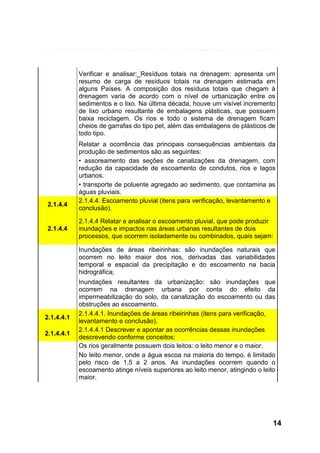 Verificar e analisar:_Resíduos totais na drenagem: apresenta um
resumo de carga de resíduos totais na drenagem estimada em
alguns Países. A composição dos resíduos totais que chegam à
drenagem varia de acordo com o nível de urbanização entre os
sedimentos e o lixo. Na última década, houve um visível incremento
de lixo urbano resultante de embalagens plásticas, que possuem
baixa reciclagem. Os rios e todo o sistema de drenagem ficam
cheios de garrafas do tipo pet, além das embalagens de plásticos de
todo tipo.

2.1.4.4

2.1.4.4

Relatar a ocorrência das principais consequências ambientais da
produção de sedimentos são as seguintes:
• assoreamento das seções de canalizações da drenagem, com
redução da capacidade de escoamento de condutos, rios e lagos
urbanos.
• transporte de poluente agregado ao sedimento, que contamina as
águas pluviais.
2.1.4.4. Escoamento pluvial (itens para verificação, levantamento e
conclusão).
2.1.4.4 Relatar e analisar o escoamento pluvial, que pode produzir
inundações e impactos nas áreas urbanas resultantes de dois
processos, que ocorrem isoladamente ou combinados, quais sejam:
Inundações de áreas ribeirinhas: são inundações naturais que
ocorrem no leito maior dos rios, derivadas das variabilidades
temporal e espacial da precipitação e do escoamento na bacia
hidrográfica;

2.1.4.4.1
2.1.4.4.1

Inundações resultantes da urbanização: são inundações que
ocorrem na drenagem urbana por conta do efeito da
impermeabilização do solo, da canalização do escoamento ou das
obstruções ao escoamento.
2.1.4.4.1. Inundações de áreas ribeirinhas (itens para verificação,
levantamento e conclusão).
2.1.4.4.1 Descrever e apontar as ocorrências dessas inundações
descrevendo conforme conceitos:
Os rios geralmente possuem dois leitos: o leito menor e o maior.
No leito menor, onde a água escoa na maioria do tempo, é limitado
pelo risco de 1,5 a 2 anos. As inundações ocorrem quando o
escoamento atinge níveis superiores ao leito menor, atingindo o leito
maior.

14

 