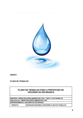 ANEXO I

PLANO DE TRABALHO

PLANO DE TRABALHO PARA A PREFEITURA DE
VISCONDE DE RIO BRANCO
EMPRESA: LMRDS SOLUÇÕES AMBIENTAIS LTDA. - CNPJ 11.316.7440001-36
Elaborado por: LMRDS SOLUÇÕES AMBIENTAIS LTDA
EMPREENDIMENTO: VISCONDE DO RIO BRANCO
PRODUTO

DESCRIÇÃO RESUMIDA CONFORME PLANO DE TRABALHO

3

 