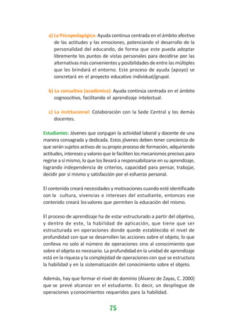 a) La Psicopedagógica: Ayuda continua centrada en el ámbito afectivo
de las actitudes y las emociones, potenciando el desarrollo de la
personalidad del educando, de forma que este pueda adoptar
libremente los puntos de vistas personales para decidirse por las
alternativas más convenientes y posibilidades de entre las múltiples
que les brindará el entorno. Este proceso de ayuda (apoyo) se
concretará en el proyecto educativo individual/grupal.
b) La consultiva (académica): Ayuda continúa centrada en el ámbito
cognoscitivo, facilitando el aprendizaje intelectual.
c) La institucional: Colaboración con la Sede Central y los demás
docentes.
Estudiantes: Jóvenes que conjugan la actividad laboral y docente de una
manera consagrada y dedicada. Estos jóvenes deben tener conciencia de
que serán sujetos activos de su propio proceso de formación, adquiriendo
actitudes, intereses y valores que le faciliten los mecanismos precisos para
regirse a sí mismo, lo que los llevará a responsabilizarse en su aprendizaje,
logrando independencia de criterios, capacidad para pensar, trabajar,
decidir por sí mismo y satisfacción por el esfuerzo personal.
El contenido creará necesidades y motivaciones cuando esté identificado
con la cultura, vivencias e intereses del estudiante, entonces ese
contenido creará losvalores que permiten la educación del mismo.
El proceso de aprendizaje ha de estar estructurado a partir del objetivo,
y dentro de este, la habilidad de aplicación, que tiene que ser
estructurada en operaciones donde quede establecido el nivel de
profundidad con que se desarrollen las acciones sobre el objeto, lo que
conlleva no solo al número de operaciones sino al conocimiento que
sobre el objeto es necesario. La profundidad en la unidad de aprendizaje
está en la riqueza y la complejidad de operaciones con que se estructura
la habilidad y en la sistematización del conocimiento sobre el objeto.
Además, hay que formar el nivel de dominio (Álvarez de Zayas, C. 2000)
que se prevé alcanzar en el estudiante. Es decir, un despliegue de
operaciones y conocimientos requeridos para la habilidad.

75

 