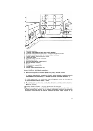 Acometida de edificio.
    Organo de corte general con cierre rápido (cuarto de vuelta).
    Organo de corte general con cierre rápido y mando manual (válvula pulsador)
    Junta aislante eventual (no existe con una acometida en polietileno)
    Reductor-regulador colectivo exterior al edificio.
    Conducto de edificio
    Organo de corte de conducto ascendente.
    Conducto ascendente.
    Acometida particular y su órgano de corte.
    Reductor-regulador individual
    Medidor
    Válvula suplementaria si d>20m.
    Local técnico.
    Vaina de edificio para medidor de gas.

ALIMENTACIÓN DE GAS DE LOS INMUEBLES

a) Alimentación a partir de una red de distribución pública de media presión.

-   En este tipo de alimentación la regulación se realiza ya sea mediante un regulador colectivo
    exterior al edificio (acometidas B y C) o mediante reguladores individuales (acometida D).

- En el caso de acometida B, los medidores en local técnico gas sólo pueden ser alimentados por
  un reductor-regulador colectivo exterior al edificio.

b) Características de los elementos constitutivos de las diversas redes de alimentación en
   gas de los edificios.

1 Acometida de edificio: remitirse a las reglas de colocación del distribuidor.
2 Órgano de corte general: la elección del tipo es competencia del distribuidor. Debe estar
  señalado correctamente, provisto de una placa de identificación indeleble, maniobrable en
  permanencia a partir del nivel del suelo en el exterior del edificio. Si está colocado en una




                                                                                             13
 