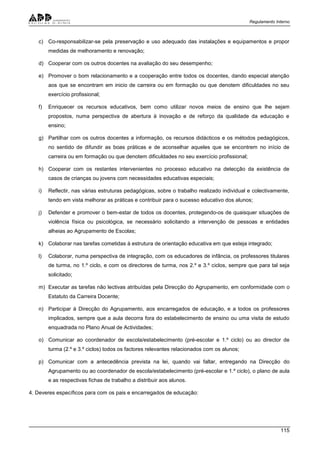 Regulamento Interno
115
c) Co-responsabilizar-se pela preservação e uso adequado das instalações e equipamentos e propor
medidas de melhoramento e renovação;
d) Cooperar com os outros docentes na avaliação do seu desempenho;
e) Promover o bom relacionamento e a cooperação entre todos os docentes, dando especial atenção
aos que se encontram em inicio de carreira ou em formação ou que denotem dificuldades no seu
exercício profissional;
f) Enriquecer os recursos educativos, bem como utilizar novos meios de ensino que lhe sejam
propostos, numa perspectiva de abertura à inovação e de reforço da qualidade da educação e
ensino;
g) Partilhar com os outros docentes a informação, os recursos didácticos e os métodos pedagógicos,
no sentido de difundir as boas práticas e de aconselhar aqueles que se encontrem no início de
carreira ou em formação ou que denotem dificuldades no seu exercício profissional;
h) Cooperar com os restantes intervenientes no processo educativo na detecção da existência de
casos de crianças ou jovens com necessidades educativas especiais;
i) Reflectir, nas várias estruturas pedagógicas, sobre o trabalho realizado individual e colectivamente,
tendo em vista melhorar as práticas e contribuir para o sucesso educativo dos alunos;
j) Defender e promover o bem-estar de todos os docentes, protegendo-os de quaisquer situações de
violência física ou psicológica, se necessário solicitando a intervenção de pessoas e entidades
alheias ao Agrupamento de Escolas;
k) Colaborar nas tarefas cometidas à estrutura de orientação educativa em que esteja integrado;
l) Colaborar, numa perspectiva de integração, com os educadores de infância, os professores titulares
de turma, no 1.º ciclo, e com os directores de turma, nos 2.º e 3.º ciclos, sempre que para tal seja
solicitado;
m) Executar as tarefas não lectivas atribuídas pela Direcção do Agrupamento, em conformidade com o
Estatuto da Carreira Docente;
n) Participar à Direcção do Agrupamento, aos encarregados de educação, e a todos os professores
implicados, sempre que a aula decorra fora do estabelecimento de ensino ou uma visita de estudo
enquadrada no Plano Anual de Actividades;
o) Comunicar ao coordenador de escola/estabelecimento (pré-escolar e 1.º ciclo) ou ao director de
turma (2.º e 3.º ciclos) todos os factores relevantes relacionados com os alunos;
p) Comunicar com a antecedência prevista na lei, quando vai faltar, entregando na Direcção do
Agrupamento ou ao coordenador de escola/estabelecimento (pré-escolar e 1.º ciclo), o plano de aula
e as respectivas fichas de trabalho a distribuir aos alunos.
4. Deveres específicos para com os pais e encarregados de educação:
 
