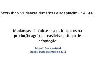 Workshop Mudanças climáticas e adaptação – SAE-PR

Mudanças climáticas e seus impactos na
produção agrícola brasileira: esforço de
adaptação
Eduardo Delgado Assad
Brasília- 16 de dezembro de 2013

 