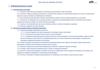 4
Plano Anual de Atividades 2013/2014
7. APRENDIZAGEM DOS ALUNOS
7.1. Dimensão pessoal da formação
7.1.1. Favorecer o desenvolvimento progressivo de sentimentos de autoconfiança e melhor auto-estima.
7.1.2. Promover a criação de situações que favoreçam o conhecimento de si próprio e um relacionamento positivo com os outros, no apreço pelos
valores da Justiça, da Verdade, da Solidariedade e de Tolerância.
7.1.3. Criar condições que permitam apoiar carências individualizadas e detectar e estimular aptidões específicas e a precocidade
7.1.4. Proporcionar, em colaboração com os parceiros educativos, situações de ensino/aprendizagem formais e não formais que fomentem a
expressão de interesses e aptidões nos diversos domínios da formação.
7.1.5. Incentivar o reconhecimento pelo valor social do trabalho e promover o sentido de entreajuda e cooperação.
7.1.6. Estimular a integração de culturas diferentes.
7.2. Dimensão das aquisições básicas e intelectuais fundamentais
7.2.1. Fomentar aprendizagens significativas promovendo:
7.2.1.1. O domínio progressivo dos meios de expressão e comunicação (verbais e não verbais);
7.2.1.2. O conhecimento dos valores da língua, história e cultura portuguesas;
7.2.1.3. A valorização da língua portuguesa: reconhecimento de que a língua portuguesa é um veículo de transmissão e criação de cultura
nacional, de abertura a outras culturas e de realização pessoal e que é um veículo imprescindível à aprendizagem e à aquisição das
necessárias competências linguísticas e comunicativas.
7.2.2. Garantir a aquisição e estruturação de conhecimentos/competências básicas sobre a Natureza, Sociedade e Cultura e desenvolver a
interpretação e a análise crítica dos fenómenos naturais, sociais e culturais.
7.2.3. Incentivar a aquisição de conhecimentos/competências para selecionar, interpretar e organizar informação.
7.2.4. Fomentar o desenvolvimento de aptidões técnicas e manuais na resolução de problemas.
7.2.5. Estimular o conhecimento tecnológico e informático, promovendo a utilização das novas tecnologias da informação e comunicação numa
perspetiva de integração multidisciplinar e de otimização das aprendizagens.
7.2.6. Promover a informação e orientação escolar/profissional, em colaboração com as famílias e outras estruturas de apoio.
 
