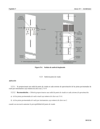 Capítulo 5 Anexo 14 — Aeródromos
5-9 10/11/16
Figura 5-4. Señales de umbral desplazado
5.2.5 Señal de punto de visada
Aplicación
5.2.5.1 Se proporcionará una señal de punto de visada en cada extremo de aproximación de las pistas pavimentadas de
vuelo por instrumentos cuyo número de clave sea 2, 3 ó 4.
5.2.5.2 Recomendación.— Debería proporcionarse una señal de punto de visada en cada extremo de aproximación:
a) de las pistas pavimentadas de vuelo visual cuyo número de clave sea 3 ó 4;
b) de las pistas pavimentadas de vuelo por instrumentos cuyo número de clave sea 1;
cuando sea necesario aumentar la perceptibilidad del punto de visada.
h
3
h
5
W
50
m
50
m
20
m
30
m
30
m
20
m

1,2 m mín
h = 10 m mín
Umbral
desplazado
temporalmente
Extremo
de pista
A Umbral desplazado temporalmente
–
h mín
12
B Umbral desplazado temporal
o permanentemente
–
Faja
transversal
1,80 m mín
Umbral
desplazado
Dimensión de
punta de
flecha
como en ‘A’
Extremo
de pista
aprox. w
2
 