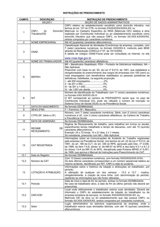 INSTRUÇÕES DE PREENCHIMENTO
CAMPO DESCRIÇÃO INSTRUÇÃO DE PREENCHIMENTO
SEÇÃO I SEÇÃO DE DADOS ADMINISTRATIVOS
1
CNPJ do Domicílio
Tributário/CEI
CNPJ relativo ao estabelecimento escolhido como domicílio tributário, nos
termos do art. 127 do CTN, no formato XXXXXXXX/XXXX-XX; ou
Matrícula no Cadastro Específico do INSS (Matrícula CEI) relativa à obra
realizada por Contribuinte Individual ou ao estabelecimento escolhido como
domicílio tributário que não possua CNPJ, no formato XX.XXX.XXXXX/XX,
ambos compostos por caracteres numéricos.
2 NOME EMPRESARIAL Até 40 (quarenta) caracteres alfanuméricos.
3 CNAE
Classificação Nacional de Atividades Econômicas da empresa, completo, com
7 (sete) caracteres numéricos, no formato XXXXXX-X, instituído pelo IBGE
através da Resolução CONCLA nº 07, de 16/12/2002.
A tabela de códigos CNAE-Fiscal pode ser consultada na Internet, no site
www.cnae.ibge.gov.br
4 NOME DO TRABALHADOR Até 40 (quarenta) caracteres alfabéticos.
5 BR/PDH
BR – Beneficiário Reabilitado; PDH – Portador de Deficiência Habilitado; NA –
Não Aplicável.
Preencher com base no art. 93, da Lei nº 8.213, de 1991, que estabelece a
obrigatoriedade do preenchimento dos cargos de empresas com 100 (cem) ou
mais empregados com beneficiários reabilitados ou pessoas portadoras de
deficiência, habilitadas, na seguinte proporção:
I - até 200 empregados.....................2%;
II - de 201 a 500...............................3%;
III - de 501 a 1.000...........................4%;
IV - de 1.001 em diante. ..................5%.
6 NIT
Número de Identificação do Trabalhador com 11 (onze) caracteres numéricos,
no formato XXX.XXXXX.XX-X.
O NIT corresponde ao número do PIS/PASEP/CI sendo que, no caso de
Contribuinte Individual (CI), pode ser utilizado o número de inscrição no
Sistema Único de Saúde (SUS) ou na Previdência Social.
7 DATA DO NASCIMENTO No formato DD/MM/AAAA.
8 SEXO (F/M) F – Feminino; M – Masculino.
9 CTPS (Nº, Série e UF)
Número, com 7 (sete) caracteres numéricos, Série, com 5 (cinco) caracteres
numéricos e UF, com 2 (dois) caracteres alfabéticos, da Carteira de Trabalho
e Previdência Social.
10 DATA DE ADMISSÃO No formato DD/MM/AAAA.
11
REGIME DE
REVEZAMENTO
Regime de Revezamento de trabalho, para trabalhos em turnos ou escala,
especificando tempo trabalhado e tempo de descanso, com até 15 (quinze)
caracteres alfanuméricos.
Exemplo: 24 x 72 horas; 14 x 21 dias; 2 x 1 meses.
Se inexistente, preencher com NA – Não Aplicável.
12 CAT REGISTRADA
Informações sobre as Comunicações de Acidente do Trabalho registradas
pela empresa na Previdência Social, nos termos do art. 22 da Lei nº 8.213, de
1991, do art. 169 da CLT, do art. 336 do RPS, aprovado pelo Dec. nº 3.048,
de 1999, do item 7.4.8, alínea “a” da NR-07 do MTE e dos itens 4.3.1 e 6.1.2
do Anexo 13-A da NR-15 do MTE, disciplinado pela Portaria MPAS nº 5.051,
de 1999, que aprova o Manual de Instruções para Preenchimento da CAT.
12.1 Data do Registro No formato DD/MM/AAAA.
12.2 Número da CAT
Com 13 (treze) caracteres numéricos, com formato XXXXXXXXXX-X/XX.
Os dois últimos caracteres correspondem a um número seqüencial relativo ao
mesmo acidente, identificado por NIT, CNPJ e data do acidente.
13 LOTAÇÃO E ATRIBUIÇÃO
Informações sobre o histórico de lotação e atribuições do trabalhador, por
período.
A alteração de qualquer um dos campos - 13.2 a 13.7 - implica,
obrigatoriamente, a criação de nova linha, com discriminação do período,
repetindo as informações que não foram alteradas.
13.1 Período
Data de início e data de fim do período, ambas no formato DD/MM/AAAA.
No caso de trabalhador ativo, a data de fim do último período não deverá ser
preenchida.
13.2 CNPJ/CEI
Local onde efetivamente o trabalhador exerce suas atividades. Deverá ser
informado o CNPJ do estabelecimento de lotação do trabalhador ou da
empresa tomadora de serviços, no formato XXXXXXXX/XXXX-XX; ou
Matrícula CEI da obra ou do estabelecimento que não possua CNPJ, no
formato XX.XXX.XXXXX/XX, ambos compostos por caracteres numéricos.
13.3 Setor
Lugar administrativo na estrutura organizacional da empresa, onde o
trabalhador exerce suas atividades laborais, com até 15 (quinze) caracteres
alfanuméricos.
 