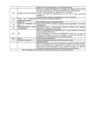 Sistema Único de Saúde (SUS) ou na Previdência Social.
18.3 Registro Conselho de Classe
Número do registro profissional no Conselho de Classe, com 9 (nove)
caracteres alfanuméricos, no formato XXXXXX-X/XX ou XXXXXXX/XX.
A parte “-X” corresponde à D – Definitivo ou P – Provisório.
A parte “/XX” deve ser preenchida com a UF, com 2 (dois) caracteres
alfabéticos.
A parte numérica deverá ser completada com zeros à esquerda.
18.4
Nome do Profissional
Legalmente Habilitado
Até 40 (quarenta) caracteres alfabéticos.
SEÇÃO IV RESPONSÁVEIS PELAS INFORMAÇÕES
19
DATA DE EMISSÃO DO
PPP
Data em que o PPP é impresso e assinado pelos responsáveis, no formato
DD/MM/AAAA.
20
REPRESENTANTE LEGAL
DA EMPRESA
Informações sobre o Representante Legal da empresa, com poderes
específicos outorgados por procuração.
20.1 NIT
Número de Identificação do Trabalhador com 11 (onze) caracteres numéricos,
no formato XXX.XXXXX.XX-X.
O NIT corresponde ao número do PIS/PASEP/CI sendo que, no caso de
contribuinte individual (CI), pode ser utilizado o número de inscrição no
Sistema Único de Saúde (SUS) ou na Previdência Social.
20.2 Nome Até 40 caracteres alfabéticos.
Carimbo e Assinatura Carimbo da Empresa e Assinatura do Representante Legal.
OBSERVAÇÕES
Devem ser incluídas neste campo, informações necessárias à análise do PPP,
bem como facilitadoras do requerimento do benefício, como por exemplo,
esclarecimento sobre alteração de razão social da empresa, no caso de
sucessora ou indicador de empresa pertencente a grupo econômico.
OBS: É facultada a inclusão de informações complementares ou adicionais ao PPP.
 