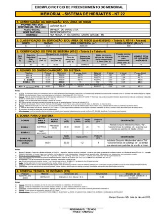 MEMORIAL - SISTEMA DE HIDRANTES - NT 22
1. IDENTIFICAÇÃO DA EDIFICAÇÃO E/OU ÁREA DE RISCO
PROPRIETÁRIO E/OU
RESPONSÁVEL PELO USO
JOÃO DA SILVA
RAZÃO SOCIAL EMPRESA DO BRASIL LTDA.
NOME FANTASIA EMPREENDIMENTOS
ENDEREÇO RUA NOSSA, N° 100, CENTRO, CAMPO GRANDE - MS
2. CLASSIFICAÇÃO DA EDIFICAÇÃO E/OU ÁREA DE RISCO (Lei 4335/2013 - Tabela 1; NT-14 - Anexos)
GRUPO DIVISÃO ÁREA CONSTRUÍDA (m2
) CARGA INCÊNDIO (MJ/m2
)
C C-2 3000,00 600
3. IDENTIFICAÇÃO DO TIPO DE SISTEMA (NT-22 - Tabela 2 e Tabela 4)
TIPO
(Tab.
2)
Esguicho
Regulável
(DN)
(Tab. 2)
Mangueiras de incêndio
Número de
Expedições
(Tab. 2)
Vazão mínima na
válvula do Hidrante
mais desfavorável
(L/min) (Tab. 2)
Pressão mínima
no Hidrante
mais
desfavorável
(mca) (Tab. 2)
NÚMERO TOTAL
DE HIDRANTES
INSTALADOS
DN (mm)
(Tab. 2)
Comprimento
(m) (Tab. 2)
Tipo de
mangueira
(Tab. 4)
3 40 40 30,00 2 SIMPLES 200,00 40,00 10
4. RESUMO DO DIMENSIONAMENTO DO SISTEMA
Trechos P (mca) Q (L/min) D tubulação (mm) Material V (m/s) J (mca) P jusante (mca)
H1 - A 40,00 200,00 65/75 AG/PVC 1,01 2,77 42,77
H2 - A 41,21 203,00 65/75 AG/PVC 1,02 1,54 42,75
A - BOMBA 42,75 403,00 65/75 AG/PVC 2,03 5,91 48,65
BOMBA - RTI 48,65 403,00 75 AG 1,52 0,26 48,91
Verificação de pressão no Hidrante mais favorável hidraulicamente
RTI – H mais favorável (H10) 48,91 403,00 65/75 AG/PVC 2,02 4,91 43,74
Notas:
a) H1 e H2: Os hidrantes devem ser numerados a partir do mais desfavorável hidraulicamente, desta forma, os hidrantes mais desfavorávei s sempre serão numerados como H1 (hidrante mais desfavorável) e H2 (segundo
hidrante mais desfavorável). Devem ser destacados no isométrico e planta baixa (NT -01/5.1.3.2.2.o).
b) Ponto A: Ponto de equilíbrio hidráulico entre os hidrantes mais desfavoráveis H1 e H2 calculados, conforme NT-22/5.8.11. Pode haver mais pontos de equilíbrio hidráulico dependendo da rede a ser considerada.Estes pontos
devem ser identificados no isométrico (NT -01/5.1.3.2.2.o).
c) BOMBA: Ponto da rede onde está localizada a bomba de incêndio.
d) RTI: Ponto da rede onde está localizado a tomada de sucção de água da Reserva Técnica de Incêndio (RTI).
e) D: Diâmetro da tubulação. Podem ocorrer diversos diâmetros para o trecho. Neste caso, pode ser descrito todos os diâmetros na mesm a célula.
f) Material: material da tubulação, AG, FG, PVC, no que couber. Pode ocorrer mais de um tipo de material para o trecho, nest e caso, pode ser descrito todos os materiais na mesma célula.
g) V: Verificar velocidades nos trechos, atender NT -22/5.8.8 e 5.8.9. Caso haja diversos materiais de tubulações e diversos diâmetros no trecho, constar a maior velocidade possí vel para o trecho.
h) J: Somatório da perda de carga total no trecho referenciado.
i) RTI – H mais favorável: Verificar pressão máxima admitida no hidrante mais favorável hidraulicamente na rede, conforme NT -22/5.8.6. Identificar n° do hidrante mais favorável.
5. BOMBA PARA O SISTEMA
BOMBAS
MOTOR
PARA A
BOMBA
ACIONA-
MENTO
Hman
(mca)
Vazão
(L/min)
Vazão
(m3
/h)
Potência
(CV)
OBSERVAÇÕES
BOMBA 1 ELÉTRICA
PRESSOS-
TATO
48,91 403,00 24 10
Adotada Conjunto Motobomba Marca “Tal”,
“características de catálogo tal”, ou similar que
atenda aos padrões de Vazão e Hman.
BOMBA 2
NÃO
APLICADO
- - - - - -
BOMBA DE
PRESSURIZAÇÃO
(jockey)
Hman (mca)
Vazão
(L/min)
Vazão (m3
/h)
Potência
(CV)
OBSERVAÇÕES
48,91 20,00 1,2 1
Adotada Conjunto Motobomba Marca “Tal”,
“características de catálogo tal”, ou similar
que atenda aos padrões de Vazão e Hman.
Notas:
a) Bomba 1 / Bomba 2: Podem ser a Bomba de principal:NT-03/4.102 - dispositivo hidráulico centrífugo destinado a recalcar água para os sistemas de combate a incêndio; ou a Bomba de reforço: NT-03/4.101 - dispositivo
hidráulico destinado a fornecer água aos hidrantes ou mangotinhos mais desfavoráveis hidraulicamente, quando estes não puderem ser abastecidos pelo reservatório elevado.
b) Bomba de pressurização (Jockey): NT-03/4.100 - dispositivo hidráulico centrífugo destinado a manter o sistema pressurizado em uma faixa preestabelecida.
c) Motor para a bomba: tipo de motor acoplado à bomba de incêndio. Pode ser “ELÉTRICA” (NT -22/C.2) ou “COMBUSTÃO INTERNA” (NT-22/C.3).
d) Acionamento: Tipo de acionamento das bombas: botoeiras, pressostato, chave de fluxo.
e) Hman: Altura manométrica do sistema, será a “P jusante” identificada no trecho “BOMBA-RTI” da tabela do Item 4 deste memorial.
f) Vazão: Será a vazão total do sistema, somatório das vazões obtidas em H1 e H2.
g) Potência: Potência teórica ou valor adotado de potência para motor da bomba de incêndio. Pode ser anexado catálogo com curvas para se leção da potência e tipo do motor para a bomba de incêndio.
h) Observações: Constar características da bomba adotada, marca, modelo, identificação de catálogo e demais informações pertinentes para identificação da bom ba.
6. RESERVA TÉCNICA DE INCÊNDIO (RTI)
Posição Material Dimensões (m) Volume (m3) Situação de uso
AO NÍVEL DO
SOLO
METÁLICO Diâmetro = 2 m; Altura = 6 m 18,85
EXCLUSIVO PARA COMBATE A
INCÊNDIO
Notas:
a) Posição: descrever se é elevado, ao nível do solo, semi-enterrado ou subterrâneo, NT-22/Anexo B.
b) Material: constar se o reservatório é de concreto armado, metálico, ou outro material conforme NT-22/B.1.3.
c) Dimensões: constar dimensões do reservatório: diâmetro, altura, larguras, comprimentos, no que couber conforme geometria do reservatór io.
d) Volume: constar volume do reservatório, atender NT -22/Tabela 3.
e) Situação de uso: indicar se é “EXCLUSIVO PARA COMBATE A INCÊNDIO” ou “SERÁ UTILIZADO PARA COMBATE A INCÊNDIO E CONSUMO DA EDIFICAÇÃO”.
Campo Grande - MS, data de mês de 2013.
__________________________________
RESPONSÁVEL TÉCNICO
TÍTULO - CREA/CAU
EXEMPLO FICTÍCIO DE PREENCHIMENTO DO MEMORIAL
 