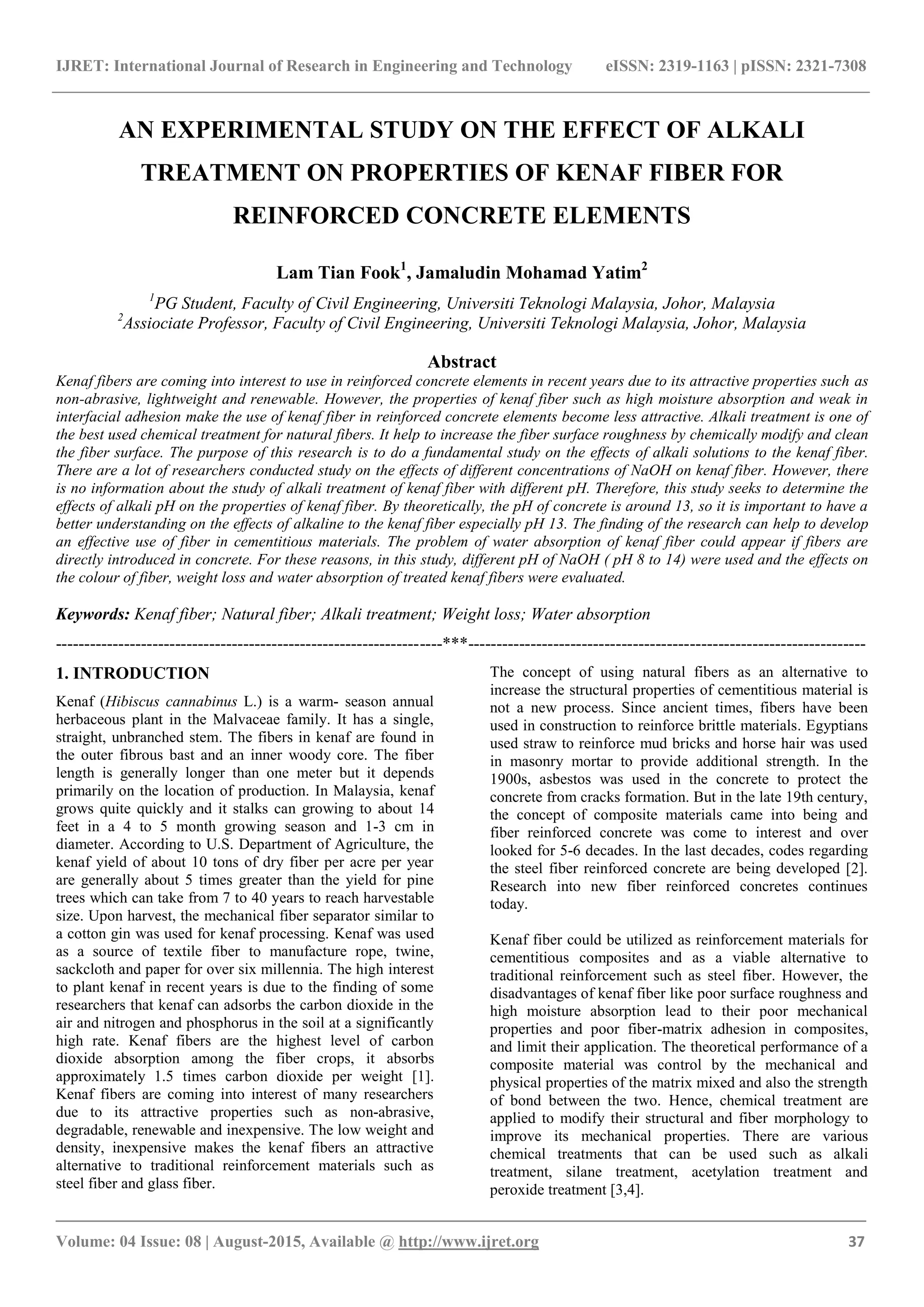 An experimental study on the effect of alkali treatment on properties ...