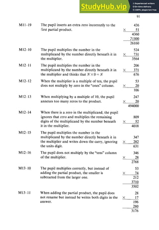 91
Mll-19
M12-10
Ml2 ll
M12-12
M12 13
Ml2-14
M12-15
M12-16
M13-10
M13-11
The pupil inserts an extra zero incorrectly to the
first partial product.
The pupil multiplies the number in the
multiplicand by the number directly beneath it in
the multiplier.
The pupil multiplies the number in the
multiplicand by the number directly beneath it in
the multiplier and thinks that N × 0 = N
When the multiplier is a multiple of ten, the pupil
does not multiply by zero in the "ones" column.
When multiplying by a multiple of 1O, the pupil
annexes too many zeros to the product.
When there is a zero in the multiplicand, the pupil
ignores that zero and multiplies the remaining
digits of the multiplicand by the number beneath
it in the multiplier.
The pupil multiplies the number in the
multiplicand by the number directly beneath it in
the multiplier and writes down the carry, ignoring
the units digit.
The pupil does not multiply by the "tens" column
of the multiplier.
The pupil multiplies correctly, but instead of
adding the partial product, the smaller is
subtracted from the larger one.
When adding the partial product, the pupil does
not rename but instead he writes both digits in the
answer.
436
× 51
4360
21300
26160
524
× 731
3564
296
× 371
676
53
× 2O
106
247
X 2O
494000
809
× 52
4018
347
X 282
631
346
X 28
2768
53
× 74
212
3710
3502
28
X 17
196
280
3176
 