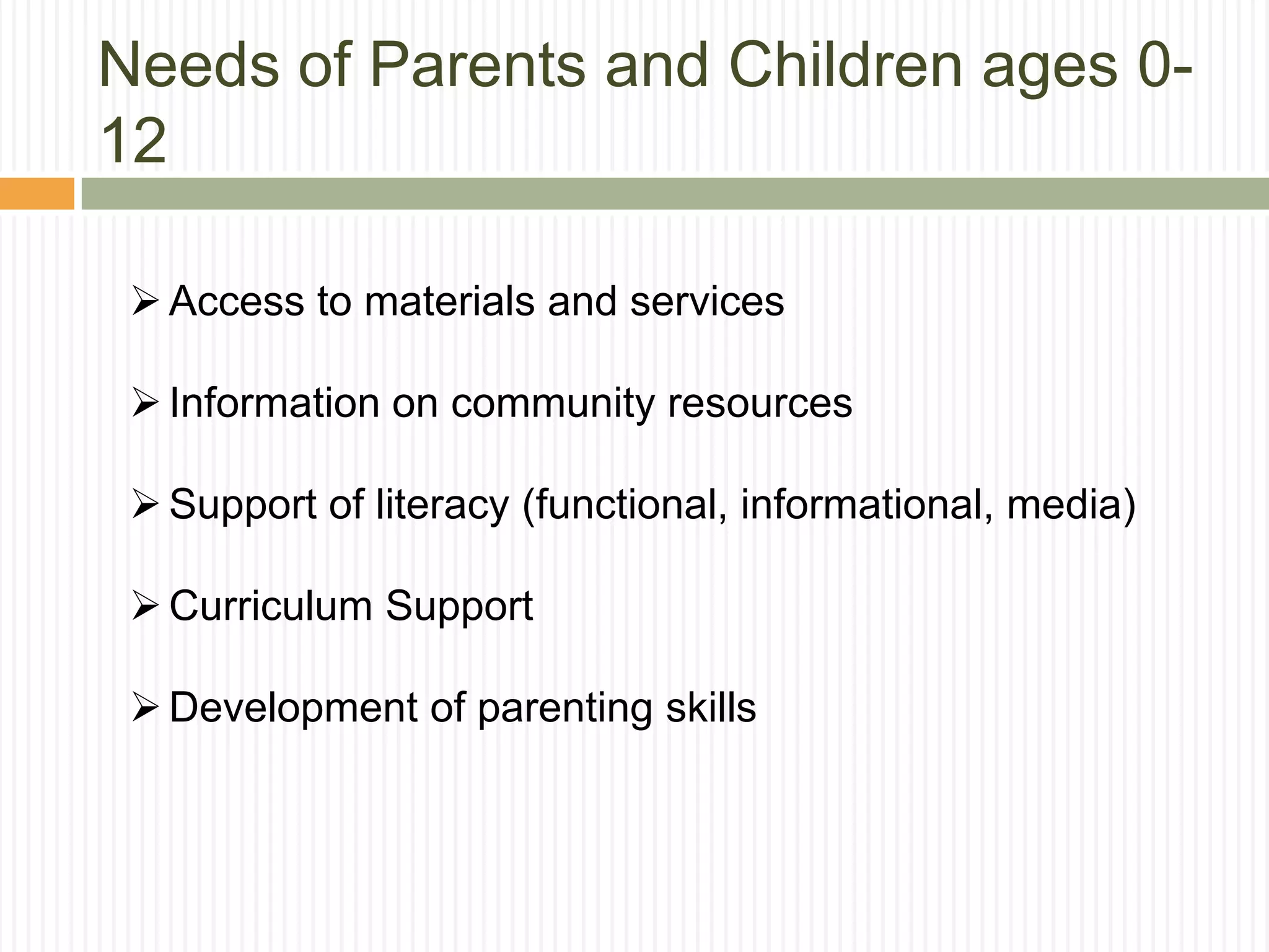 Needs of Parents and Children ages 0-
12
Access to materials and services
Information on community resources
Support of literacy (functional, informational, media)
Curriculum Support
Development of parenting skills
 