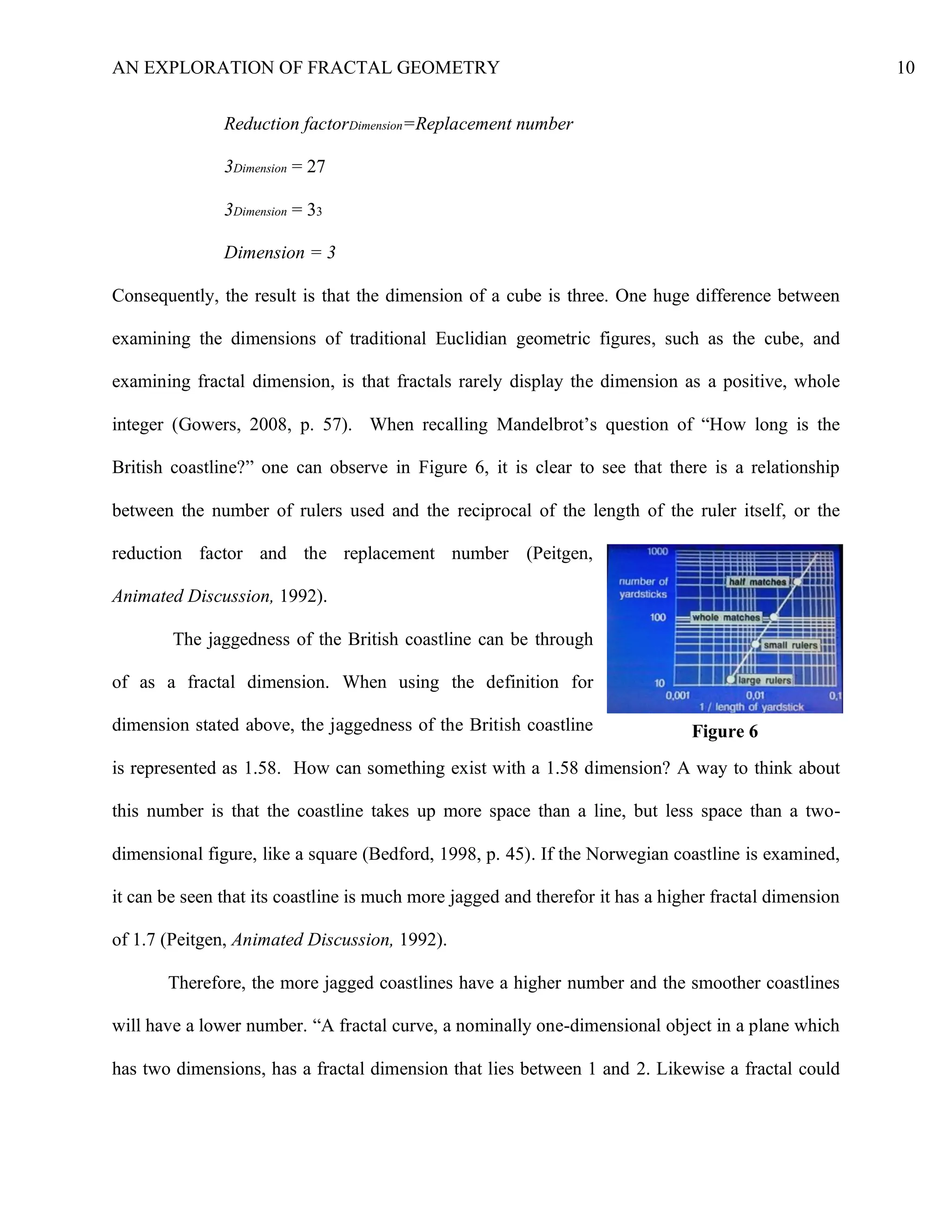AN EXPLORATION OF FRACTAL GEOMETRY 10
Reduction factorDimension=Replacement number
3Dimension = 27
3Dimension = 33
Dimension = 3
Consequently, the result is that the dimension of a cube is three. One huge difference between
examining the dimensions of traditional Euclidian geometric figures, such as the cube, and
examining fractal dimension, is that fractals rarely display the dimension as a positive, whole
integer (Gowers, 2008, p. 57). When recalling Mandelbrot’s question of “How long is the
British coastline?” one can observe in Figure 6, it is clear to see that there is a relationship
between the number of rulers used and the reciprocal of the length of the ruler itself, or the
reduction factor and the replacement number (Peitgen,
Animated Discussion, 1992).
The jaggedness of the British coastline can be through
of as a fractal dimension. When using the definition for
dimension stated above, the jaggedness of the British coastline
is represented as 1.58. How can something exist with a 1.58 dimension? A way to think about
this number is that the coastline takes up more space than a line, but less space than a two-
dimensional figure, like a square (Bedford, 1998, p. 45). If the Norwegian coastline is examined,
it can be seen that its coastline is much more jagged and therefor it has a higher fractal dimension
of 1.7 (Peitgen, Animated Discussion, 1992).
Therefore, the more jagged coastlines have a higher number and the smoother coastlines
will have a lower number. “A fractal curve, a nominally one-dimensional object in a plane which
has two dimensions, has a fractal dimension that lies between 1 and 2. Likewise a fractal could
Figure 6
 