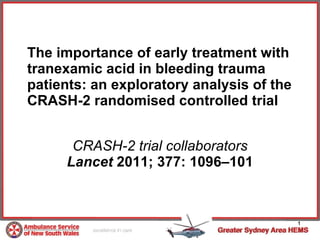 The importance of early treatment with tranexamic acid in bleeding trauma patients: an exploratory analysis of the CRASH-2 randomised controlled trial CRASH-2 trial collaborators  Lancet  2011; 377: 1096–101 