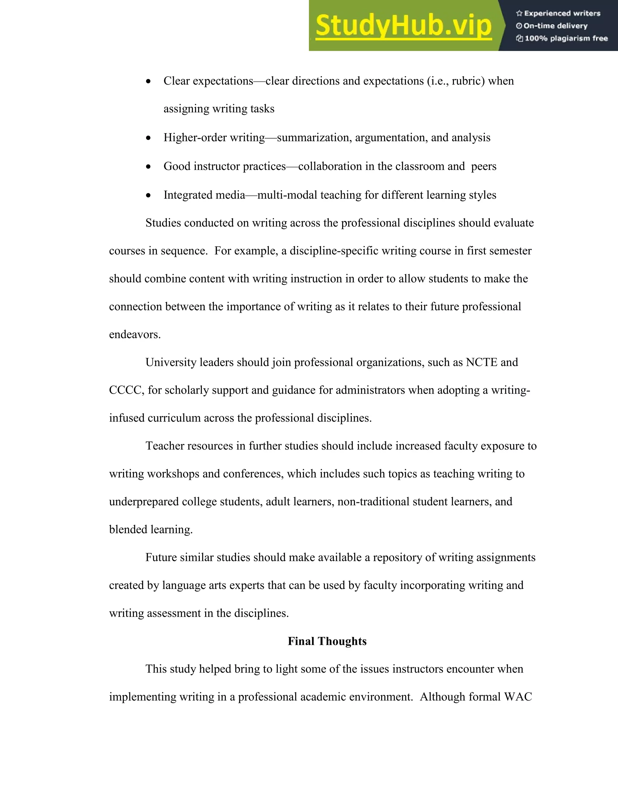 118
 Clear expectations—clear directions and expectations (i.e., rubric) when
assigning writing tasks
 Higher-order writing—summarization, argumentation, and analysis
 Good instructor practices—collaboration in the classroom and peers
 Integrated media—multi-modal teaching for different learning styles
Studies conducted on writing across the professional disciplines should evaluate
courses in sequence. For example, a discipline-specific writing course in first semester
should combine content with writing instruction in order to allow students to make the
connection between the importance of writing as it relates to their future professional
endeavors.
University leaders should join professional organizations, such as NCTE and
CCCC, for scholarly support and guidance for administrators when adopting a writing-
infused curriculum across the professional disciplines.
Teacher resources in further studies should include increased faculty exposure to
writing workshops and conferences, which includes such topics as teaching writing to
underprepared college students, adult learners, non-traditional student learners, and
blended learning.
Future similar studies should make available a repository of writing assignments
created by language arts experts that can be used by faculty incorporating writing and
writing assessment in the disciplines.
Final Thoughts
This study helped bring to light some of the issues instructors encounter when
implementing writing in a professional academic environment. Although formal WAC
 