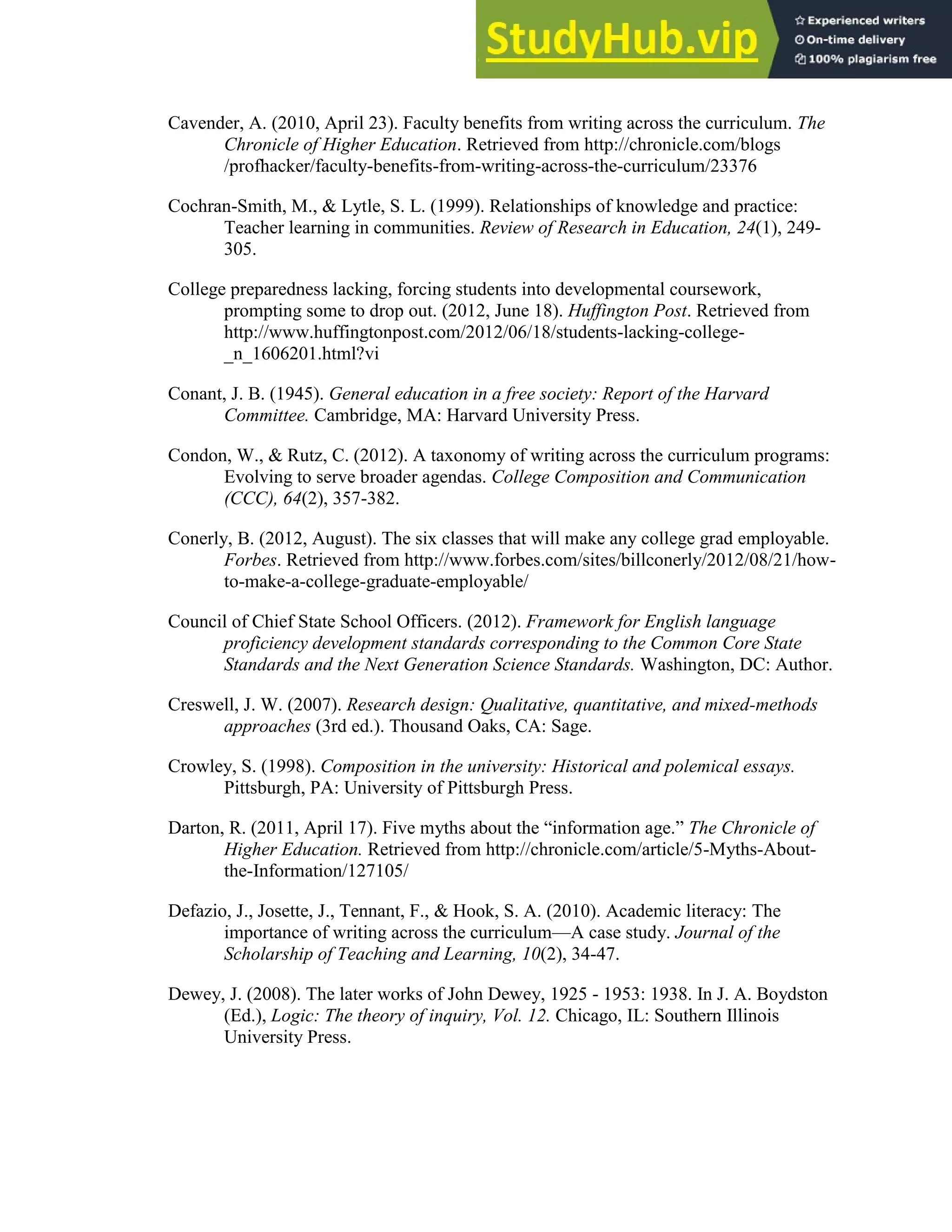 121
Cavender, A. (2010, April 23). Faculty benefits from writing across the curriculum. The
Chronicle of Higher Education. Retrieved from http://chronicle.com/blogs
/profhacker/faculty-benefits-from-writing-across-the-curriculum/23376
Cochran-Smith, M., & Lytle, S. L. (1999). Relationships of knowledge and practice:
Teacher learning in communities. Review of Research in Education, 24(1), 249-
305.
College preparedness lacking, forcing students into developmental coursework,
prompting some to drop out. (2012, June 18). Huffington Post. Retrieved from
http://www.huffingtonpost.com/2012/06/18/students-lacking-college-
_n_1606201.html?vi
Conant, J. B. (1945). General education in a free society: Report of the Harvard
Committee. Cambridge, MA: Harvard University Press.
Condon, W., & Rutz, C. (2012). A taxonomy of writing across the curriculum programs:
Evolving to serve broader agendas. College Composition and Communication
(CCC), 64(2), 357-382.
Conerly, B. (2012, August). The six classes that will make any college grad employable.
Forbes. Retrieved from http://www.forbes.com/sites/billconerly/2012/08/21/how-
to-make-a-college-graduate-employable/
Council of Chief State School Officers. (2012). Framework for English language
proficiency development standards corresponding to the Common Core State
Standards and the Next Generation Science Standards. Washington, DC: Author.
Creswell, J. W. (2007). Research design: Qualitative, quantitative, and mixed-methods
approaches (3rd ed.). Thousand Oaks, CA: Sage.
Crowley, S. (1998). Composition in the university: Historical and polemical essays.
Pittsburgh, PA: University of Pittsburgh Press.
Darton, R. (2011, April 17). Five myths about the “information age.” The Chronicle of
Higher Education. Retrieved from http://chronicle.com/article/5-Myths-About-
the-Information/127105/
Defazio, J., Josette, J., Tennant, F., & Hook, S. A. (2010). Academic literacy: The
importance of writing across the curriculum—A case study. Journal of the
Scholarship of Teaching and Learning, 10(2), 34-47.
Dewey, J. (2008). The later works of John Dewey, 1925 - 1953: 1938. In J. A. Boydston
(Ed.), Logic: The theory of inquiry, Vol. 12. Chicago, IL: Southern Illinois
University Press.
 
